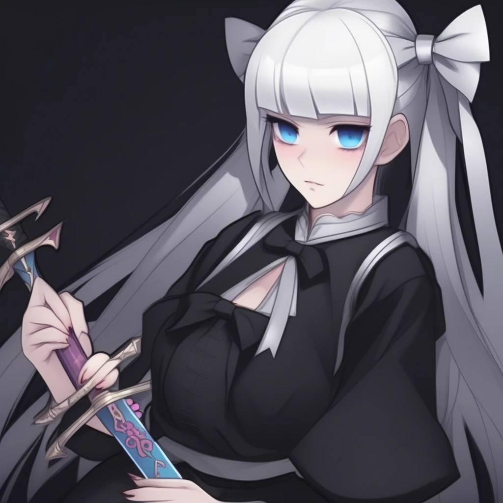 black hair, black nails, bow, multiple girls, white hair, makeup, twintails, sword, multicolored hair, blue eyes