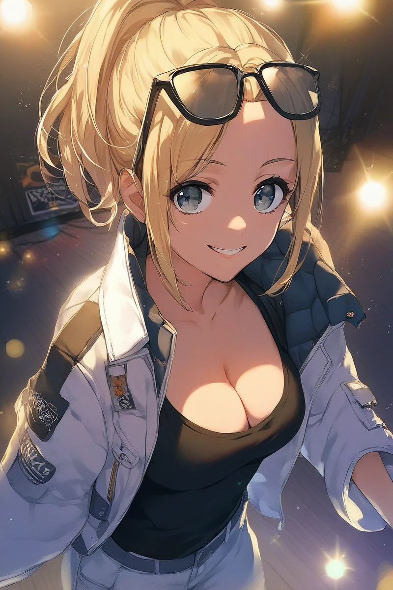 score_9, score_8_up, score_7_up, score_6_up, score_5_up, score_4_up, source_anime,
<lora:Sasago_Jennifer_Yuka:0.8> 1girl, yuka, blonde hair, breasts, cleavage, ponytail, stage, lights, poster, smile, color lights, eyewear on head, white open jacket, from above, black top,