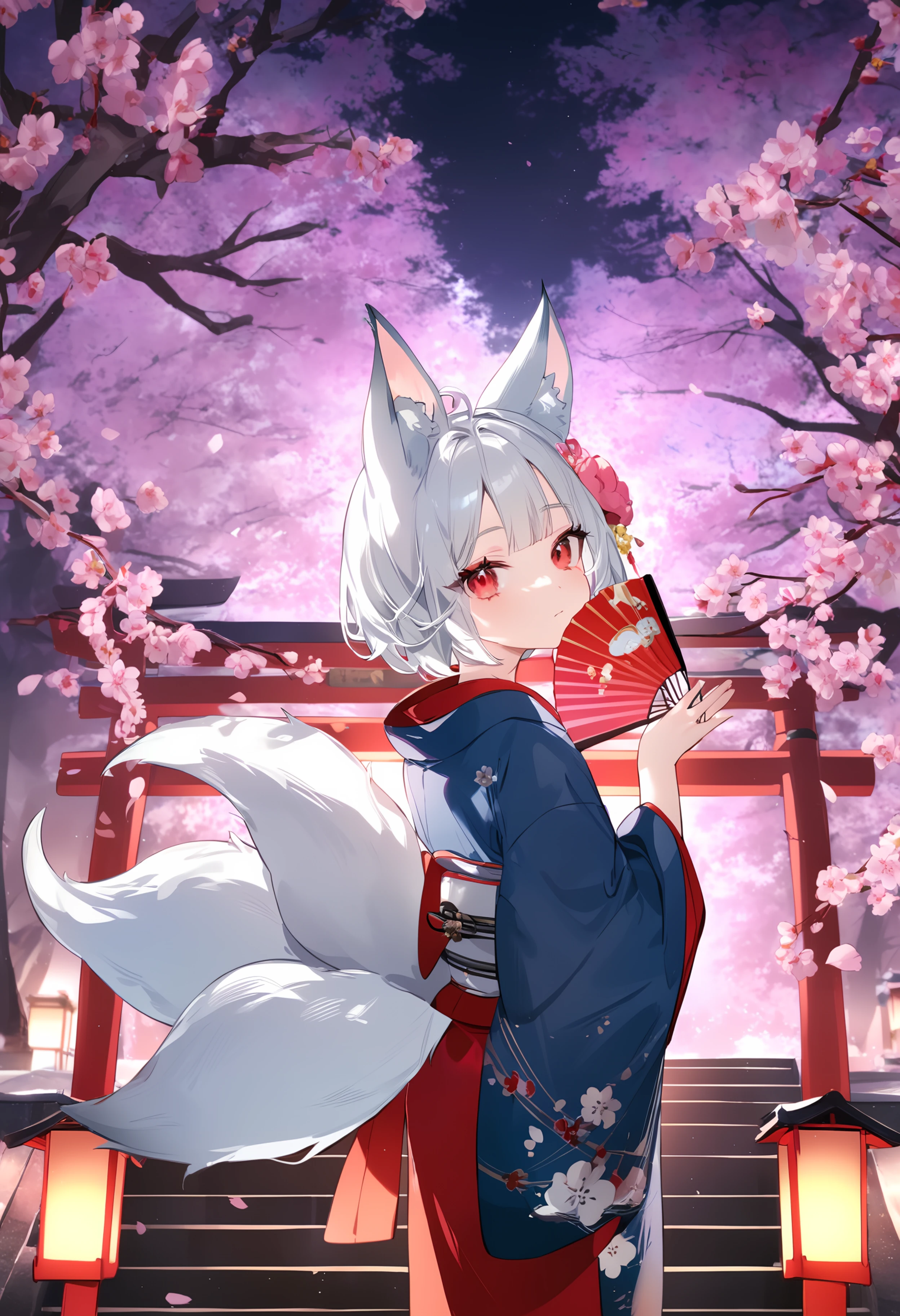 1girl,
welchino, yanyo \(ogino atsuki\), kita \(kitairoha\),
(1o1i:1.2), solo, white hair, kimono, short hair, red eyes, hair ornament, shrine, torii, fox girl, fox ears, fox tail, tail, multiple tails, from side, looking to the side, wide shot, kimono, long sleeves, looking at viewer, closed mouth, flower, animal ears, hair flower, wide sleeves, looking back, outdoors, tree, white flower, standing, ahoge, cherry blossoms, white hair, night, stairs, pink flower, bare tree, wooden lantern, lantern, holding, japanese clothes, blue kimono, holding lantern, two tails, folding fan, animal ear fluff, hand fan, expressionless, paper lantern,
masterpiece, newest, absurdres, sensitive