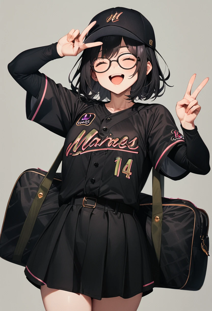 masterpiece, best quality, very aesthetic, absurdres,
1girl, glasses, black hair, medium hair, 
BSW2024_14, baseball uniform, baseball cap, black shirt, skirt, bag, happy, smile, closed eyes, open mouth, v, looking at viewer, simple background, grey background
 <lora:chiba_lotte_marines_BSW2024_SDXL_V1:1>