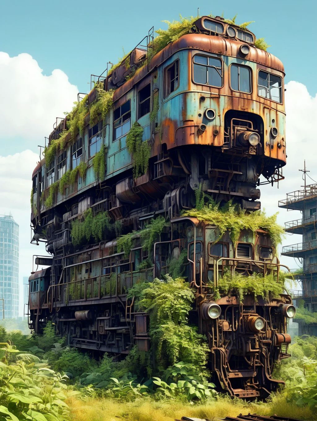 Surreal concept art, a old rusty train sitting on top of a building in the wasteland, ladder, thickets of plants, realistic lighting and textures, vibrant colors, distorted perspective, dreamlike atmosphere
WastCity <lora:Wasteland_City_XL:0.7>, detailed background, intricate, high quality exquisite details and textures, highly detailed, warm lighting, sharp focus, HDR, 8k high resolution