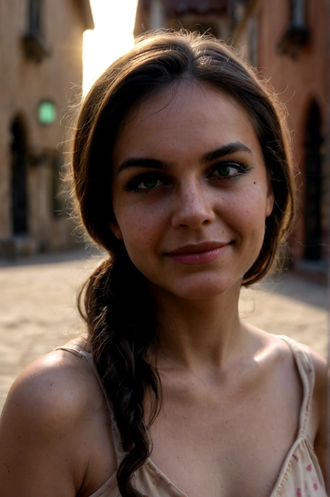 (ZPDXLrl),
18yo arabian woman, shadows, perfect face, (green eyed), nighttime,dark photo,grainy,dimly lit,seductive smirk,harsh camera flash, grainy, highly detailed, (freckles:0.5), (skin texture), (background town), bokeh, (snub nose)