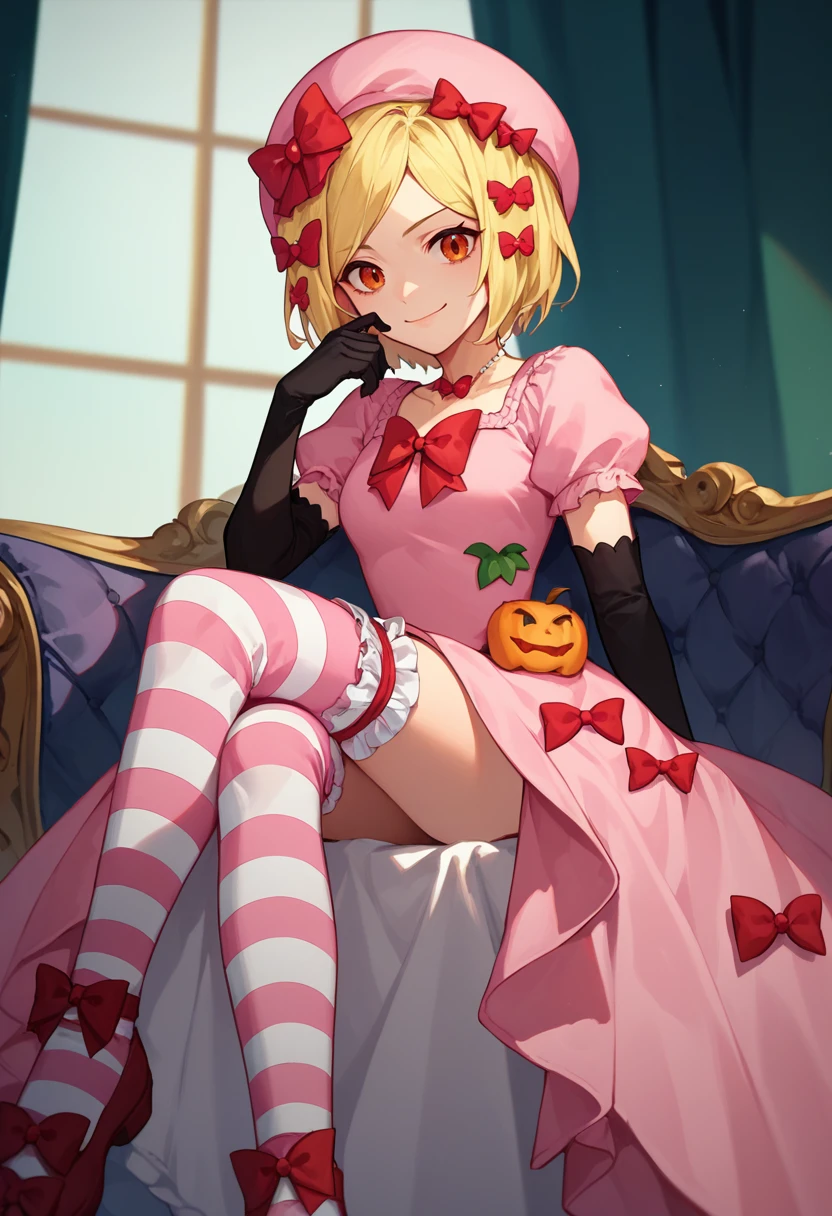 score_9, score_8_up, score_7_up, 1girl, Rambda, blonde hair, short hair, orange eyes, hair ornament, pink hat, pink gown, red bow, short sleeves, elbow gloves, striped kneehighs, sitting, crossed legs, light smile, looking at viewer, <lora:DeltaLambda 2-000007:1>