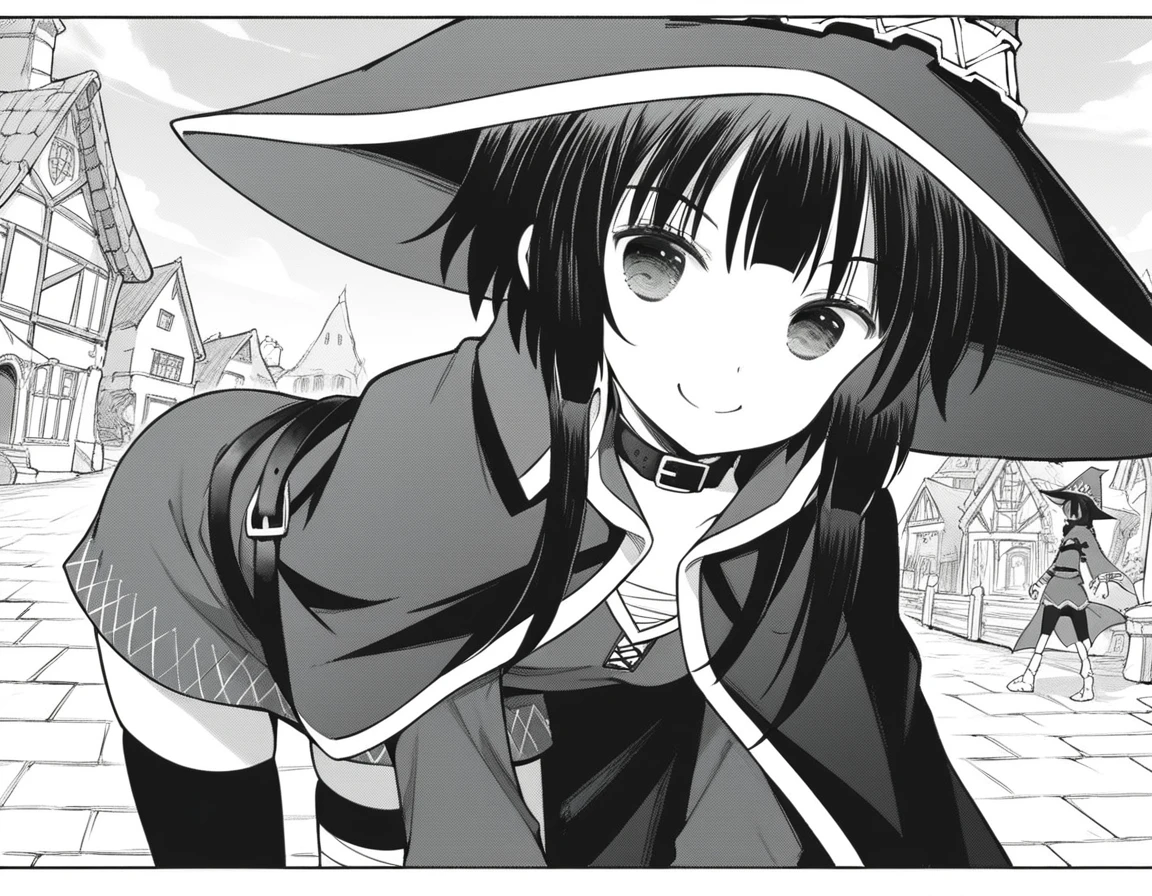 score_9, score_8_up, score_7_up, source_anime,
konosubamegumin, <lora:konosuba-megumin-manga-ponyxl-lora-nochekaiser:1>,
megumin, short hair, black hair, short hair with long locks, monochrome, greyscale,
thighhighs, gloves, hat, dress, black gloves, belt, black thighhighs, fingerless gloves, cape, collar, witch hat, bandages, single thighhigh, asymmetrical legwear, bandaged leg,
outdoors, village, bent over, smile,
looking at viewer, dutch angle, cowboy shot,