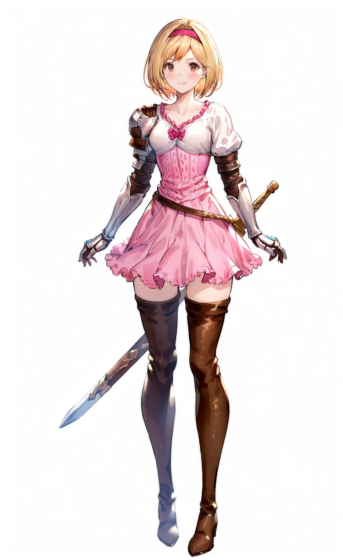 8k, best quality, masterpiece, (ultra-detailed), (high detailed skin), (white background:1.2),
(full body), (white background), standing, looking at viewer, (solo),
<lora:GBFV1-A3-Tanger-000013:0.8>,djeeta (granblue fantasy), djeeta's pink dress, 1girl, blonde hair, solo, thigh boots, boots, pink hairband, sword, thighhighs, weapon, hairband, brown footwear, dress, sheath, gauntlets, short hair, brown eyes, smile,
full_shot,