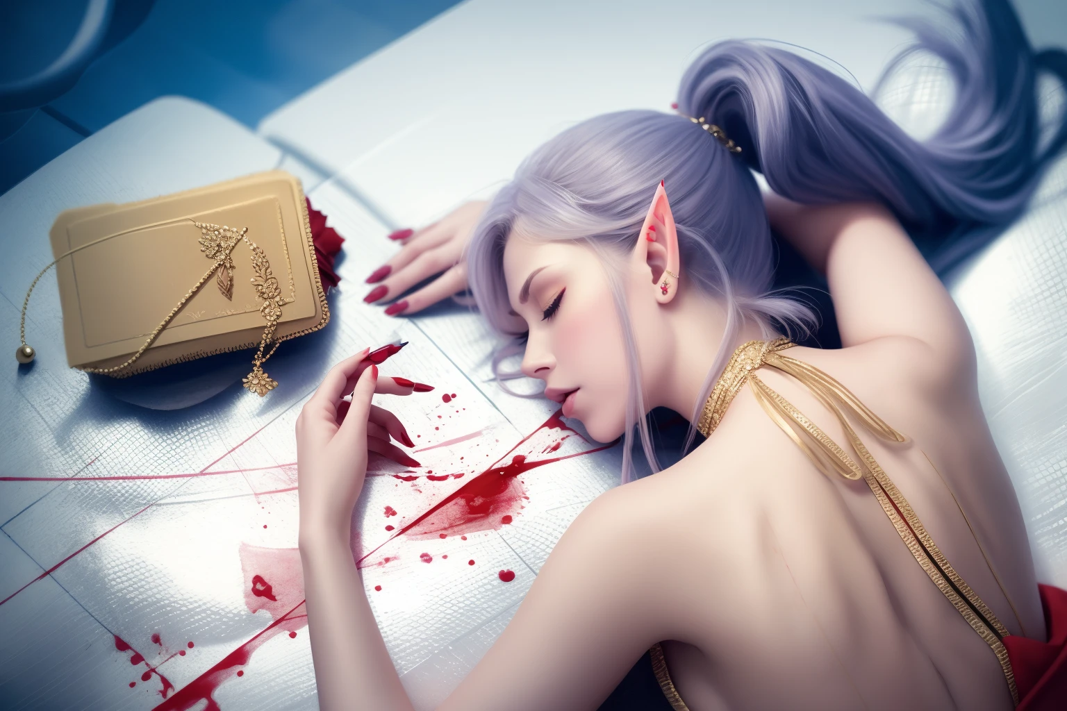 1girl,solo,long hair,dress,bare shoulders,jewelry,closed eyes,upper body,ponytail,lying,pointy ears,necklace,lips,fingernails,eyelashes,blood,back,elf,backless outfit,realistic,bare back,<lora:lbc_eif_v1.0-000004:0.7>,