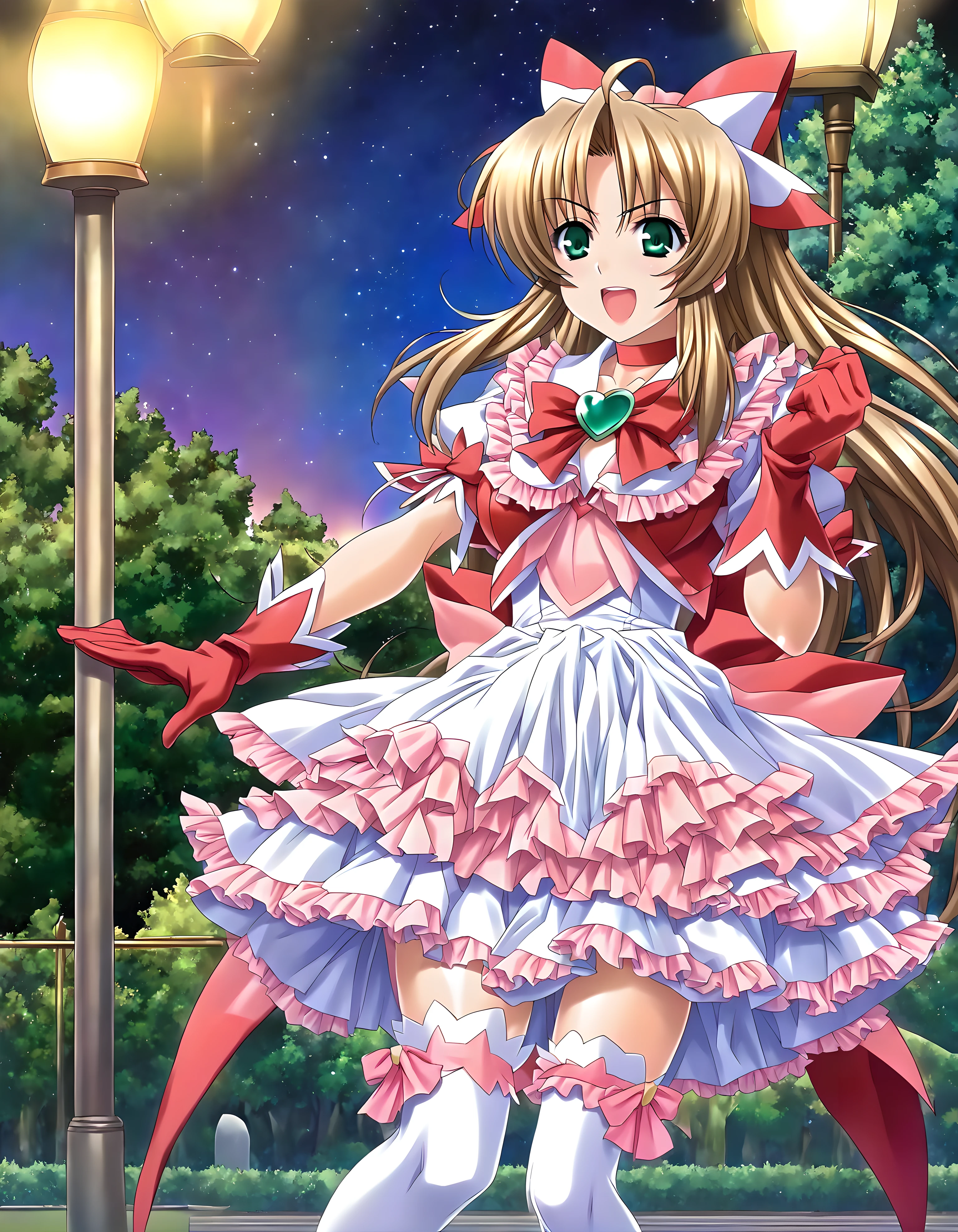 <lora:pony_xl_sae:0.8>,sae,score_9,score_8_up,score_7_up,source_anime,1girl,solo,magical girl,pink bow,hair bow,dress,short sleeves,brooch in the shape of a heart,red brooch,choker,red gloves,white skirt,miniskirt,white thighhighs,smile,open mouth,cowboy_shot,standing,knees_together_feet_apart,clenching a fist,night,park,