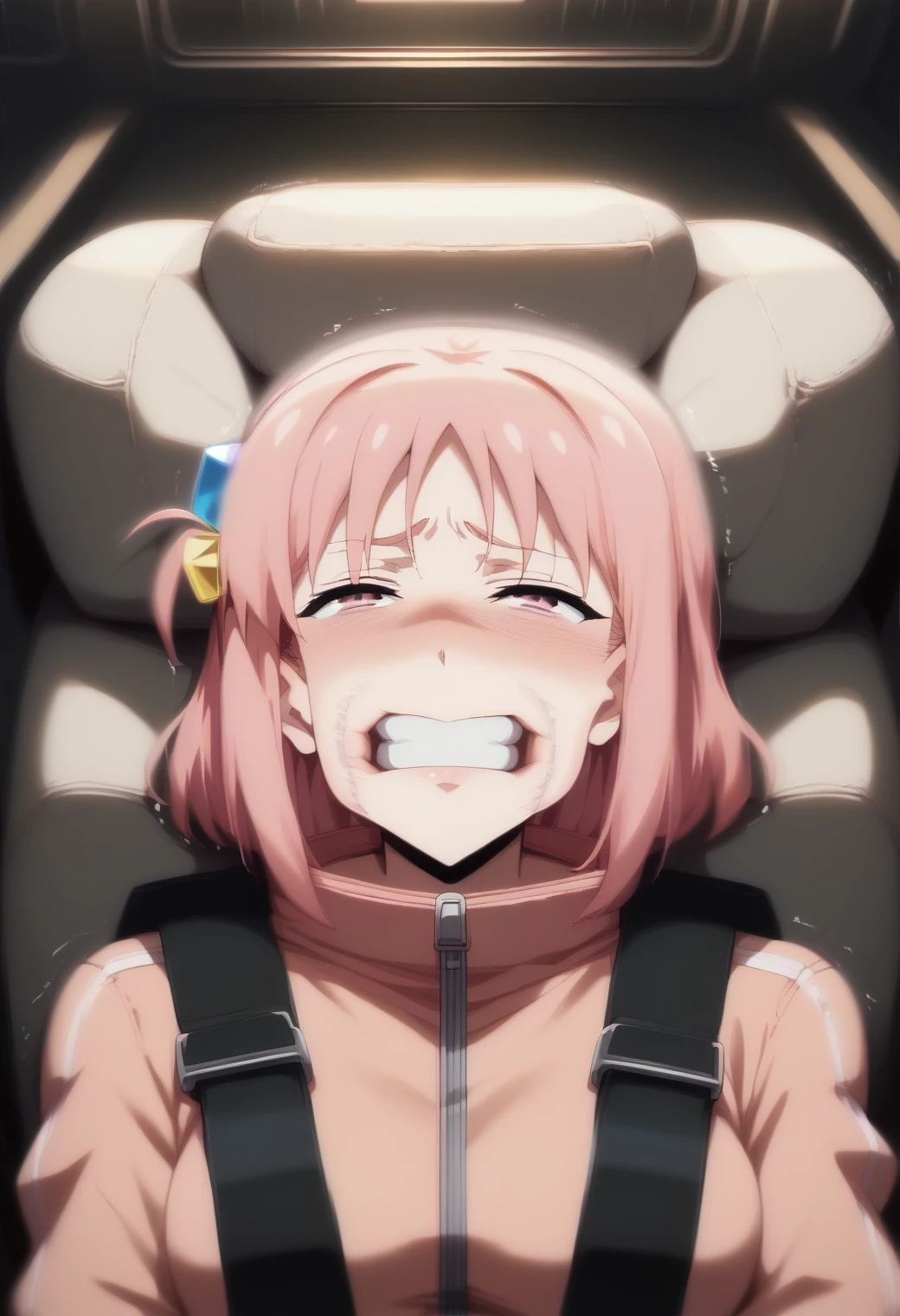 score_9,score_8_up,score_7_up, BREAK
1girl, (gotoh hitori:1.2), bocchi the rock!, pink hair, thumbs up,pink jacket, looking at viewer, straight-on, upper body, (gf0rc3xl:1.4), (reclining:1.2), cockpit, seatbelt harness, dark room, pilot chair, solo, on back, (laboratory outside cockpit window:1.4), (half-closed eyes:1.2), trembling, clenched teeth, head back, (cheek bulge:0.9), (cushion:1.1), (stretched lips, stretched cheeks:0.8), (speed lines, motion blur:1.8), <lora:2024-06-02_17-06-55-save-920-10-0:1.1> <lora:Anime_Screencap:1> <lora:scenery_PonyXL_v01:1>
