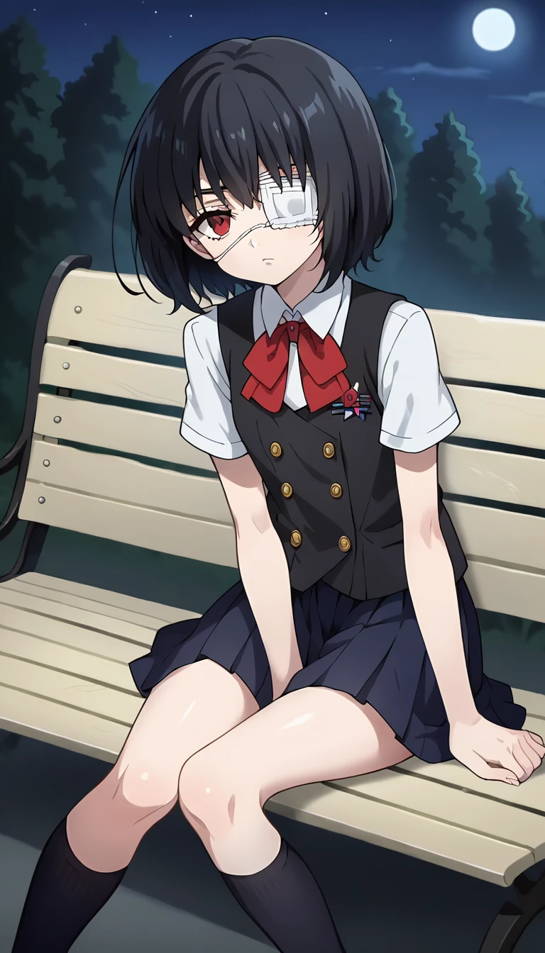 score_9, score_8_up, score_7_up, source_anime, masterpiece, 1girl, solo, meimisaki, black hair, red eyes, medical eyepatch, school uniform, black vest, pleated skirt, bow, short sleeves, looking at viewer, black kneehighs, sitting, bench, (night), horror \(theme\), <lora:MisakiMeiPONY:0.9>, anime screencap,