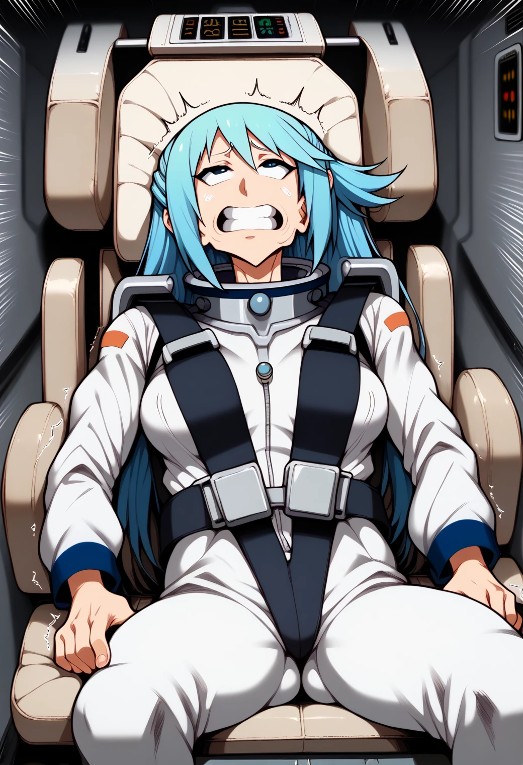 score_9,score_8_up,score_7_up, score_6_up,score_5_up,score_4_up,source_anime, BREAK
1girl, aqua \(konosuba\), female astronaut, blue hair, long hair, (spacesuit:1.6) bodysuit, seatbelt harness, (pilot chair:1.1), (cushion:1.1), (cowbot shot:1.3), (trembling:1.6), on back, reclining, (speed lines, motion blur:1.6), half-closed eyes, clenched teeth, holding on, arms to sides, hands to sides, looking ahead, cheek bulge, fainting, solo, cockpit, indoors, dark room, dimly lit, (sci-fi:1.2), (launching:1.4),(gf0rc3xl:1.2), <lora:2024-06-02_17-06-55-save-920-10-0:1> <lora:fishine:0.8>