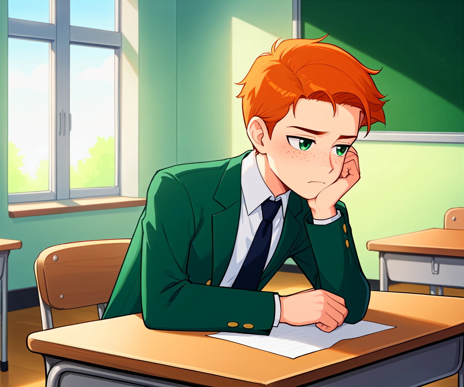 score_9, source_anime, masterpiece, best quality,amazing quality, best aesthetic, absurdres, BREAK , finn, green eyes, freckles, ginger hair, sitting behind desk, classroom, bored, resting chin on hand, looking out window, school uniform, green blazer, white shirt, tie, <lora:FinnXLP2-000003:0.8>