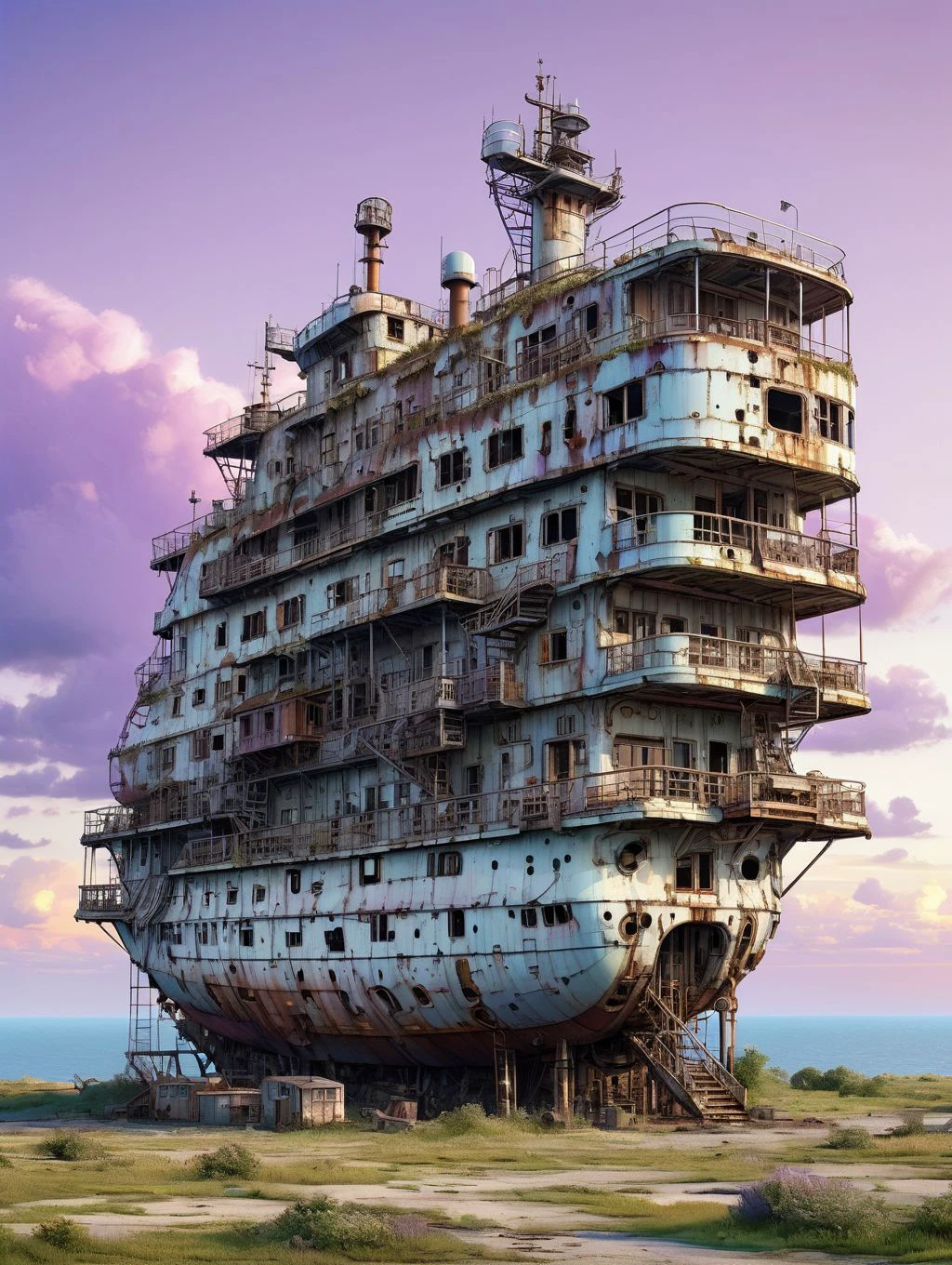 A residential building from a large rusty ship standing in the wasteland, a holey hull, many windows, stairs leading to the deck, lilac sunset, light clouds
WastCity <lora:Wasteland_City_XL:0.7>, detailed background, intricate, high quality exquisite details and textures, highly detailed, warm lighting, sharp focus, HDR, 8k high resolution