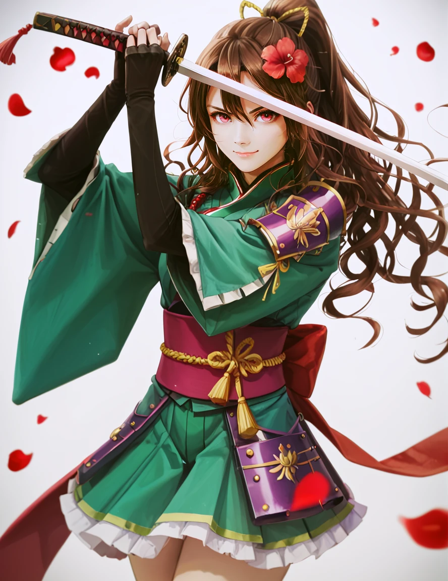 score_9, score_8_up, score_7_up,
high guard sword parry stance, 1girl,solo,long hair,looking at viewer,smile,bangs,skirt,brown hair,hair ornament,red eyes,gloves,long sleeves,hair between eyes,closed mouth,standing,jacket,ponytail,flower,sidelocks,cowboy shot,pleated skirt,frills,japanese clothes,black gloves,elbow gloves,hair flower,miniskirt,wide sleeves,fingerless gloves,pink eyes,kimono,grey background,armor,blurry,v-shaped eyebrows,gradient,hands up,sash,petals,gradient background,floating hair,depth of field,wavy hair,obi,border,white skirt,katana,frilled skirt,high ponytail,letterboxed,red flower,shoulder armor,tassel,ribbon trim,light particles,ribbon-trimmed sleeves,pauldrons,high collar,blurry foreground,>:),japanese armor,green kimono,falling petals,sode,uneven gloves,single pauldron,two-handed,camellia
<lora:high_guard_sword_parry_stance:0.8>