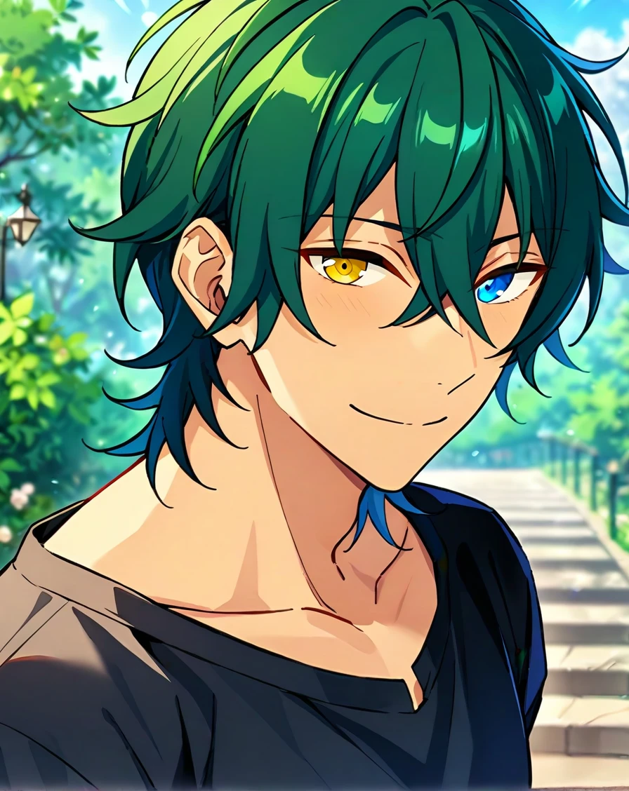 masterpiece, best quality, very aesthetic, absurdres, very detailed, score_9, score_8_up, score_7_up, depth of field, ((1boy, solo, male only, male focus, upper body, mature male)), (kagehira_mika, green hair, short hair, hair between eyes, heterochromia, blue eyes, yellow eyes),  happy, looking at viewer, facing viewer, collarbone, outdoors, black outfit, <lora:Lightning-8:1>, <lora:kagehira_mika_sdxl_lora:0.74>