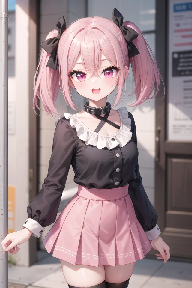 <lora:talkmouth_O_type2_v100:1>
insanely detailed, absurdres, ultra-highres, ultra-detailed, best quality,
1girl, solo, nice hands, perfect hands
BREAK
jirai kei,thighhighs, skirt, twintails, pink skirt, collar, bow, black thighhighs, black bow, long hair, pink bow, hair bow, spiked collar
BREAK
(nsfw:-1.5)
BREAK
smile, open mouth
BREAK
,
standing, cowboy shot, looking at viewer
BREAK
slender, kawaii, perfect symmetrical face, ultra cute girl, ultra cute face, ultra detailed eyes, ultra detailed hair, ultra cute, ultra beautiful
BREAK
in japanese street, cityscape in japan, depth of field, ultra detailed background
BREAK
medium breasts
BREAK
pink hair, pink eyes, short hair, hair between eyes