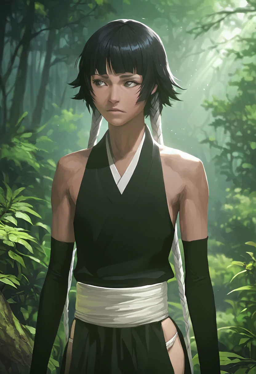 score_9, score_8_up, score_7_up, realistic, sui-feng, grey eyes, sleeveless, black kimono, detached sleeves, hip vent, white sash, forest, god rays <lora:Soi_Fon:1>