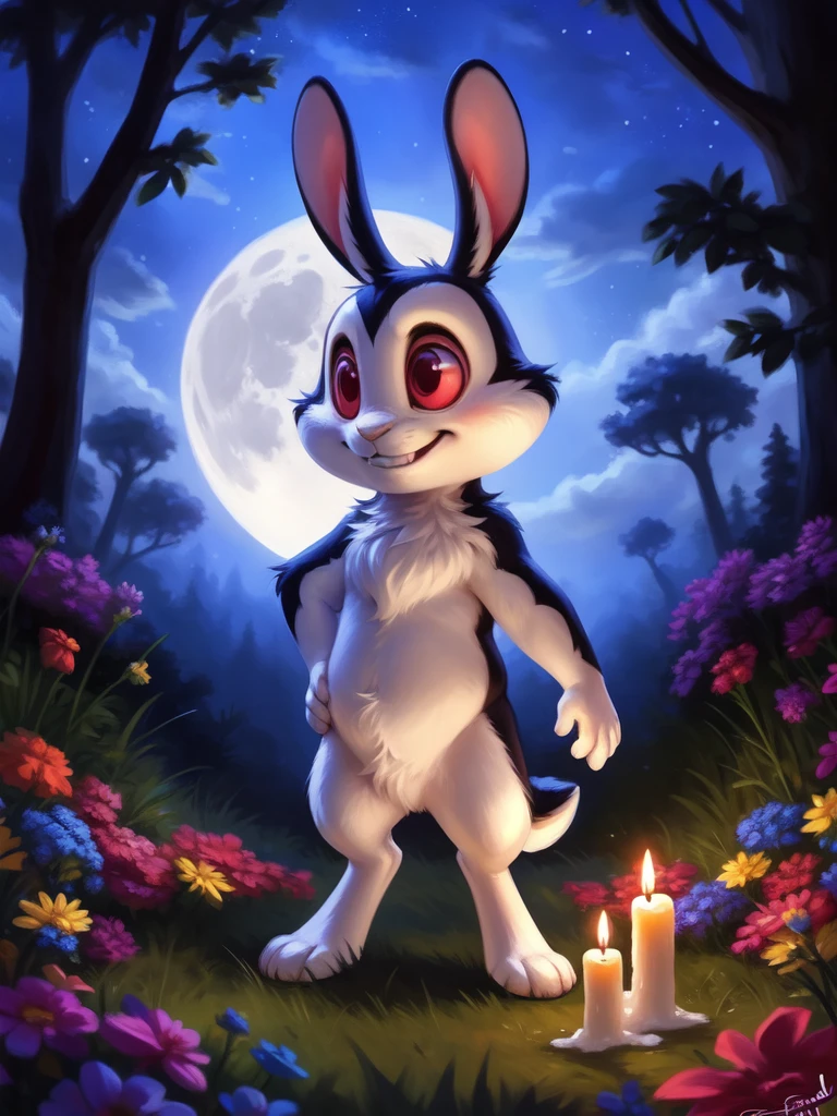concept art  <lora:BunniculaBunNi1:1>  BunniculaBunNi, solo,  Red eyes,  chibi, [forest, grass, stars,moon shining, clouds, flowers, bright moon, candles,]
 (beautiful, aesthetic, perfect, delicate, intricate), masterpiece, digital drawing, best quality,   (Hands on hips, standing,)
by ulitochka, by taran fiddler, by Silverfox5213, by personalami,  . digital artwork, illustrative, painterly, matte painting, highly detailed
