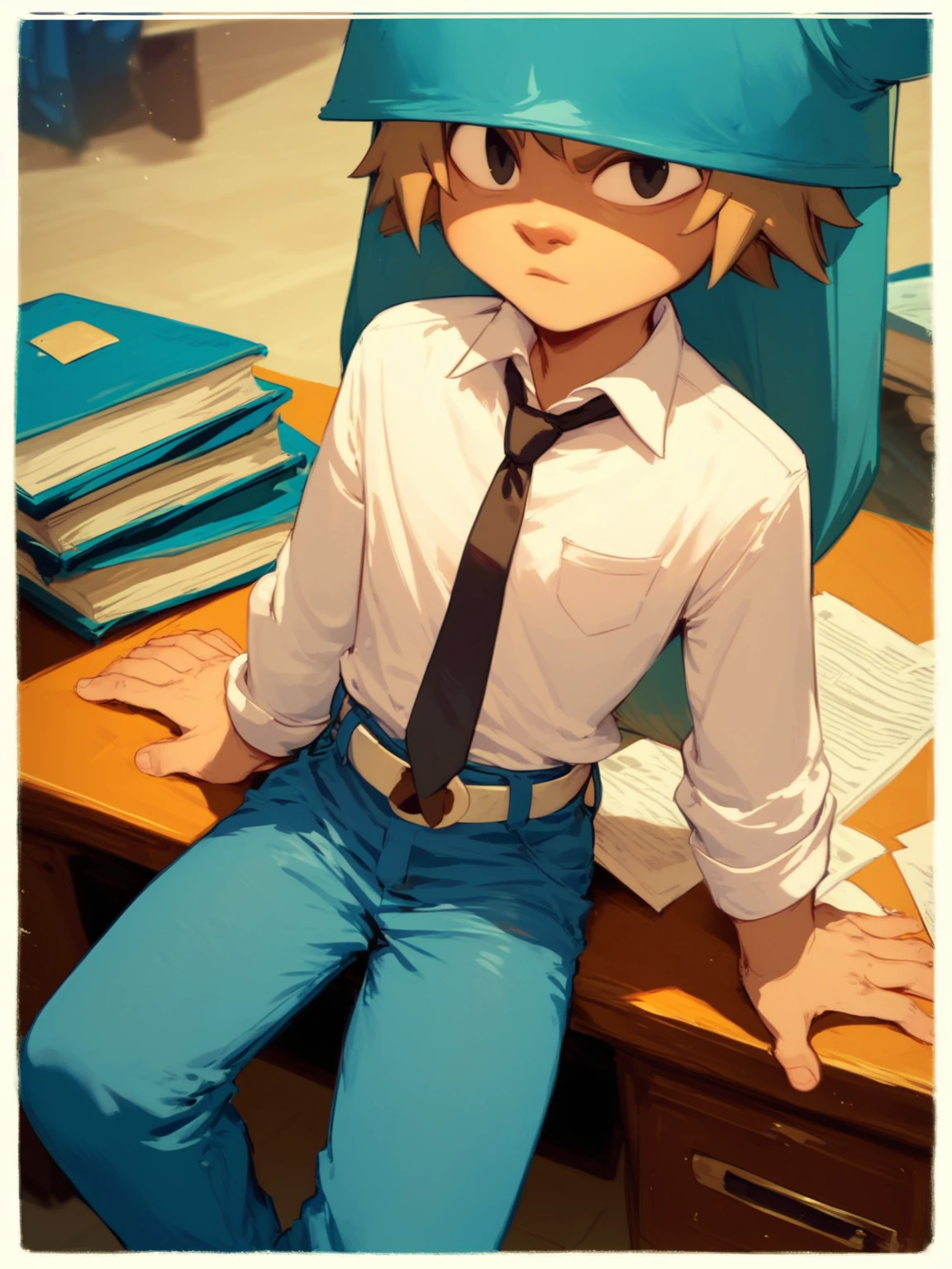 score_9, score_8_up, score_7_up, male focus, 1boy, solo, <lora:Yugo:1>, Yugo, black eyes, blue hat, jeans, necktie, white shirt, collared shirt, tight clothes, belt, indoors, office, teenage, sitting on desk,