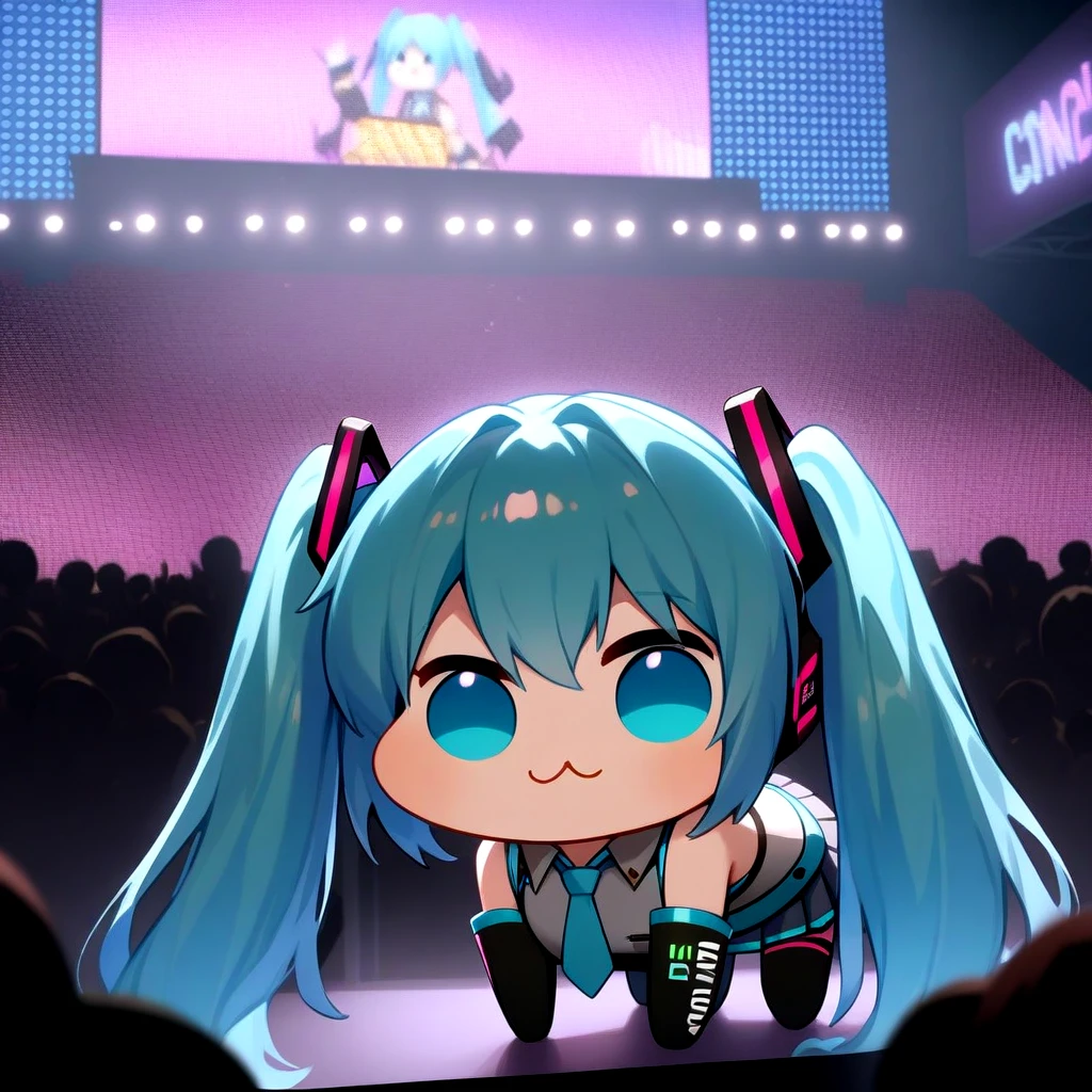 <lora:doro_xypher_amxl_v1:1>  solo, doro, \:3, chibi, solid circle eyes, no pupils, all fours, hatsune miku, vocaloid, twintails, necktie, pleated skirt, gray shirt, detached sleeves
, no humans, creature
, concert, stage, crowd, neon lights
, masterpiece, best quality, very aesthetic, absurdres