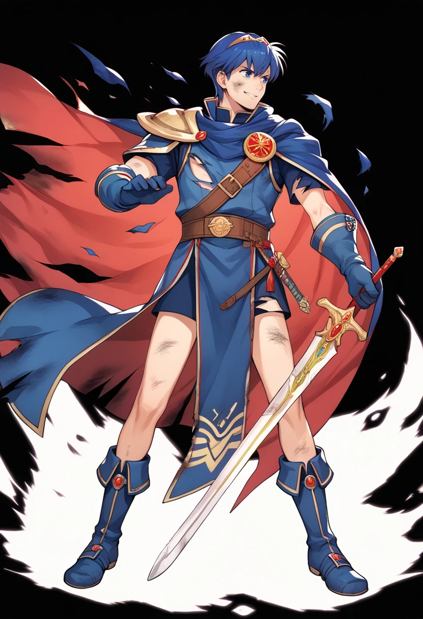 score_9, score_8_up, score_7_up, source_anime BREAK <lora:feh-style-richy-v1_pdxl:1> fehdmg, torn clothes, full body, standing, black background, simple background, 1boy, cape, blue hair, marth \(fire emblem\), sword, holding, tiara, smirk, looking away, bare legs, blue footwear, boots, gloves, falchion \(fire emblem\), bottomless, blue tunic, smile, dirty face,