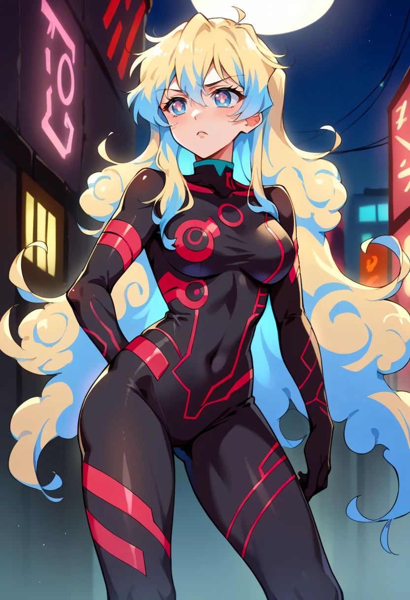 score_9, score_7_up, source_anime, BREAK frown, parted lips, <lora:NiaS2-000009:1> antinia, 1girl, blue eyes, symbol-shaped pupils, very long hair, blonde hair, blue hair, two-tone hair, medium breasts, black bodysuit, neon trim,