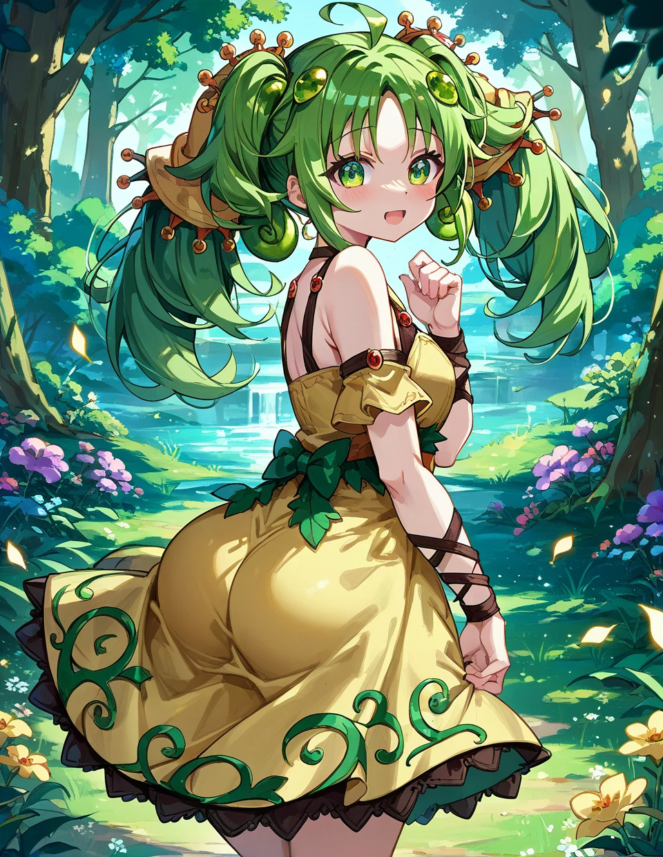score_9,score_8_up,score_7_up,score_6_up,score_5_up,score_4_up,close-up,
1girl,solo,<lora:traptrixsera_pony:1>,traptrix sera,green hair,twintails,green eyes,dress,yellow dress,
ahoge,hair ornament,looking at viewer,forest,grass,surprise,blush,flower,ass focus,