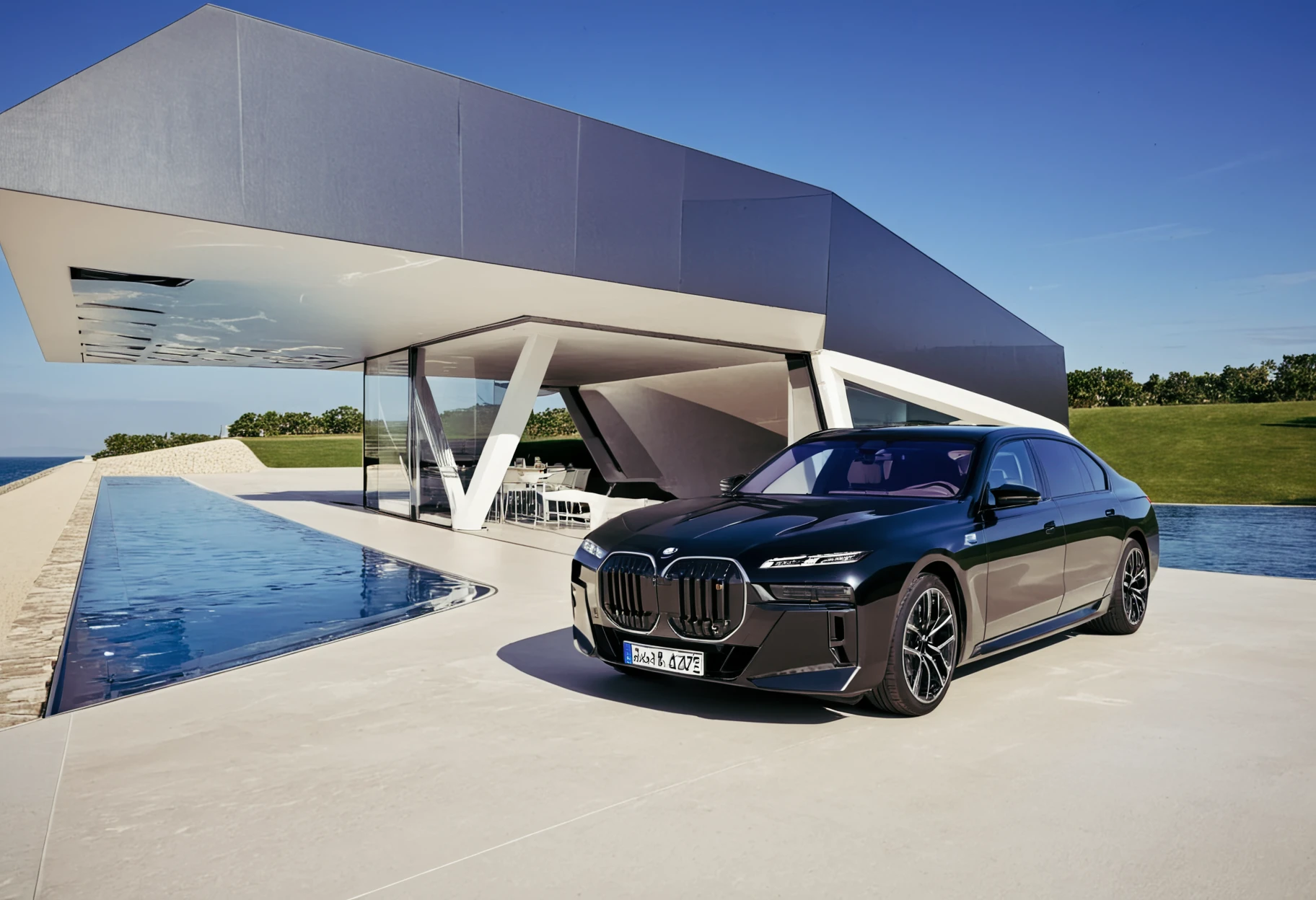 BMW i7, a (black BMW car:1.2) parked on a 
Hornung,  The image features a modern building that is predominantly white, with some areas of glass and a visible pool. The building is situated in an open space, possibly near the sea or a river, as suggested by the presence of water nearby. , Villa

