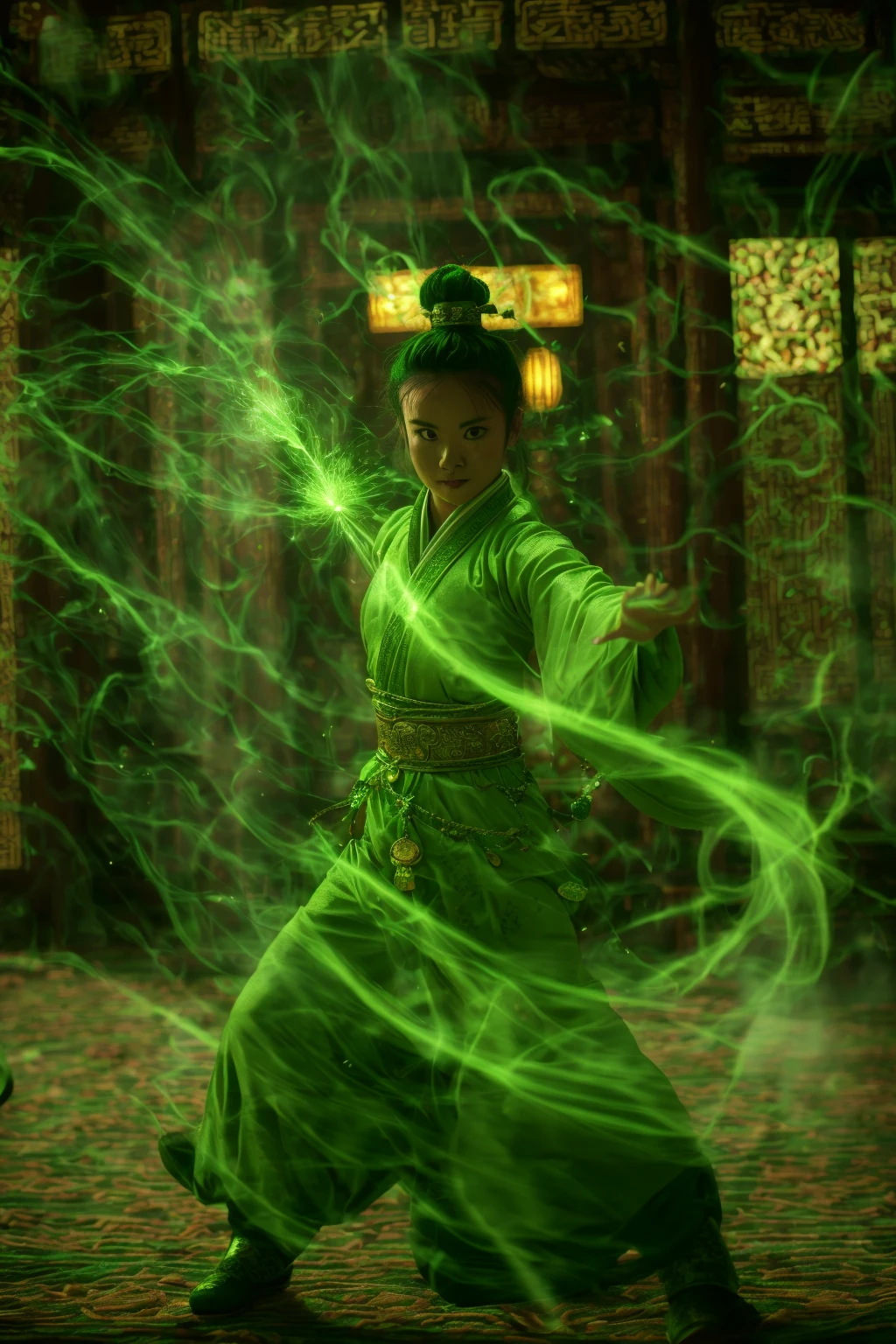green-poison-magic,using green-poison-magic,using green-magic,green-aura,green-magic,dancing,ancient-costume,fighting stance,solo,1girl,black hair,chinese clothes,looking at viewer,blurry,wide sleeves,<lora:magic_fighting_green_512_dreamshaper_8_2:0.8>,
