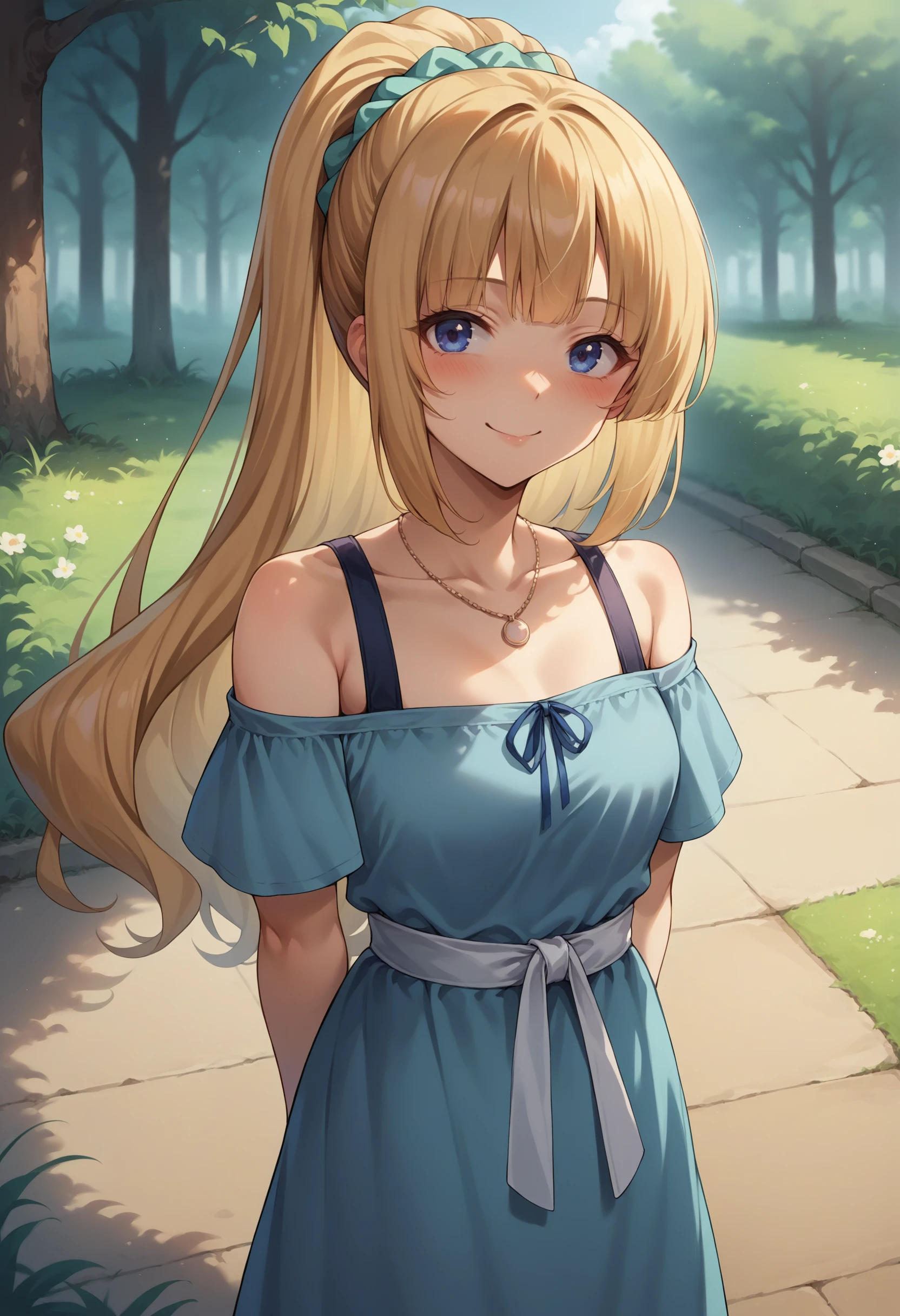 score_9, score_8_up, source_anime, 1girl, solo, KeiKaruizawa, ponytail, hair scrunchie, necklace, blue dress, off-shoulder, white belt, smile, arms behind back, blush, outdoors, <lora:ChamKeiKaruizawaPonyXL:1>