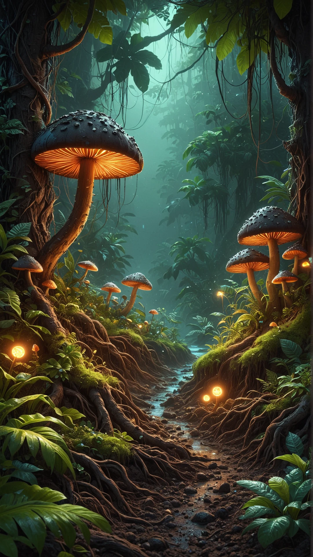 <lora:ElementEarthSDXL:1>ElementEarth Vibrant digital painting of a lush jungle, filled with glowing plants and bioluminescent flora, exotic plants, tall trees, misty atmosphere, glowing mushrooms, vibrant colors, neon accents, Northern lights, twilight, moonlit, surreal, fantasy, dreamy, enchanting, whimsical, fairy tale, illustration, concept art, detailed, sharp focus, high resolution, artstation, wallpaper, concept art, illustration, dramatic lighting, vibrant, glowing, lush, exotic, nature, dirt, (earth:0.4), (leaves:0.7)
