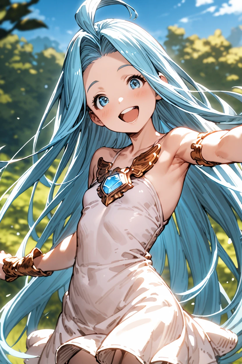 masterpiece, best quality, absurdres,
1girl, solo, happy, smile, outdoors,
lyria \(granblue fantasy\), sleeveless dress, small breasts, strapless,
<lora:lyria-XL:0.7>, clear eyes, <lora:ishikeiXL:0.1>