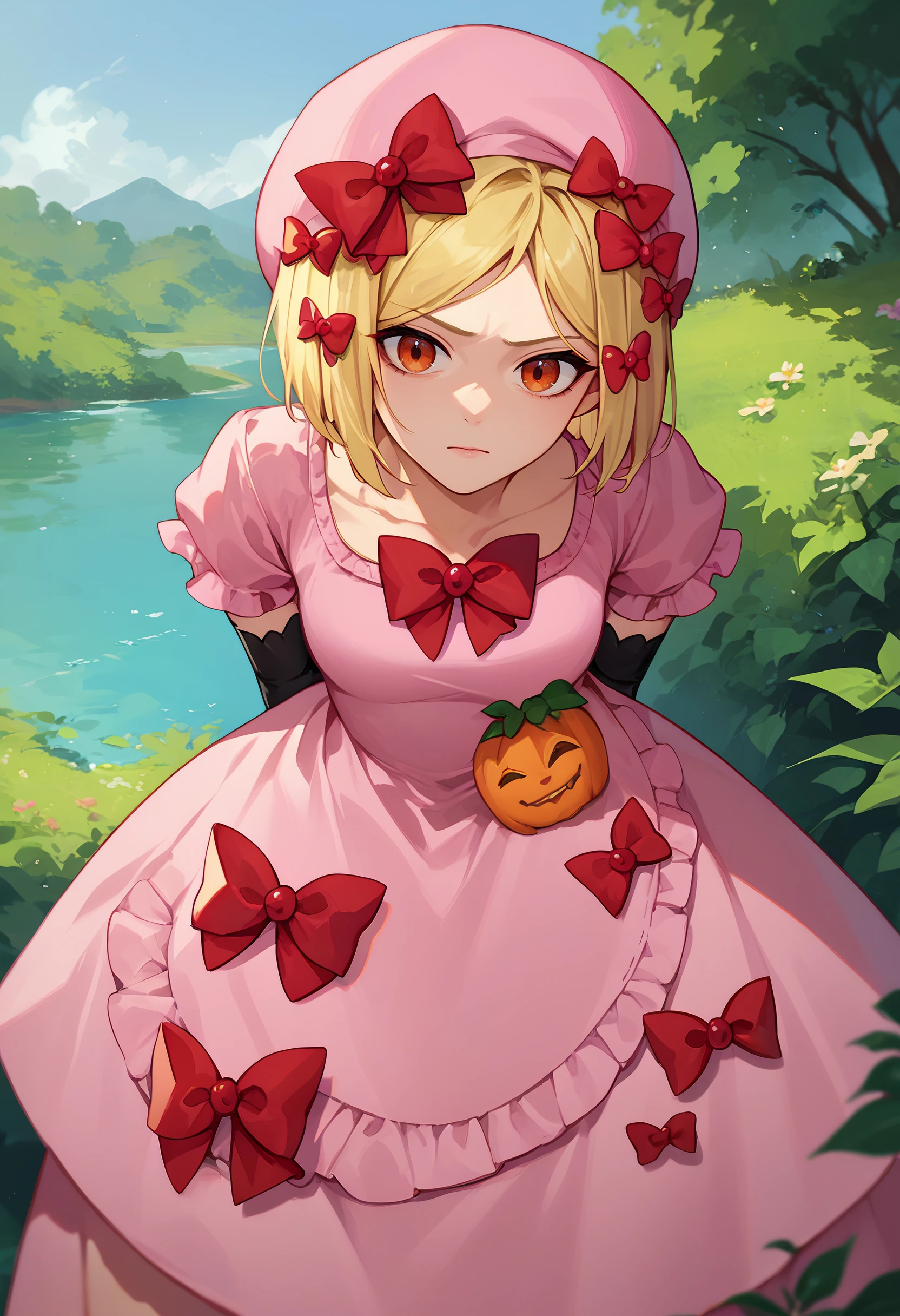 score_9, score_8_up, score_7_up, 1girl, Rambda, blonde hair, short hair, orange eyes, hair ornament, pink hat, pink gown, red bow, short sleeves, elbow gloves, arms behind back, bent over, front view, outdoors, looking at viewer, <lora:DeltaLambda 2-000007:1>