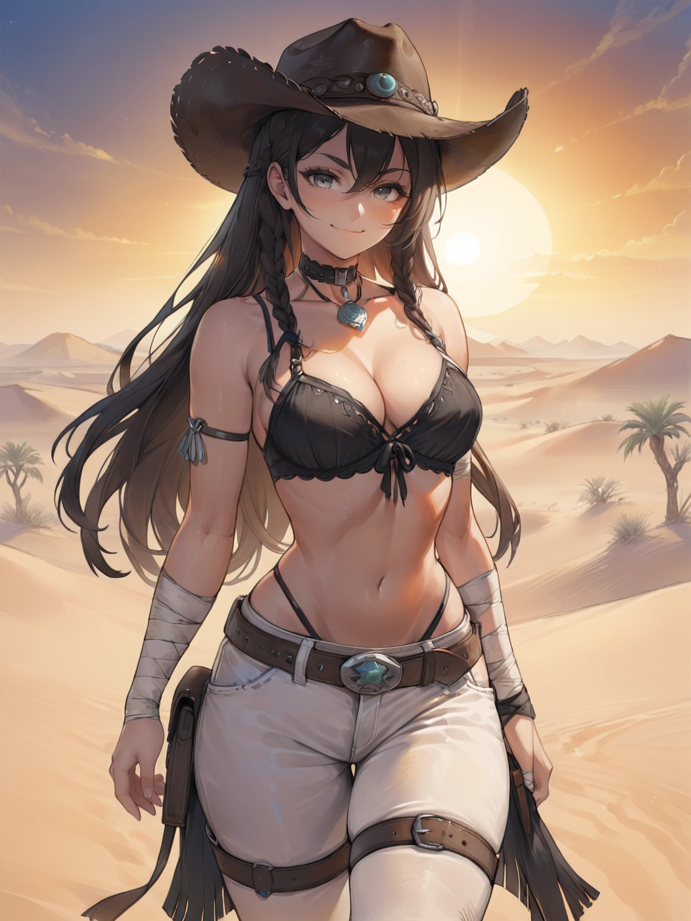 ((in a desert:1.5)), a matured woman with long hair and a white outfit, (resting in oasis:1.2), artwork in the style of guweiz, bodyesbian, fine details. girls frontline, beautiful anime illustration, from girls frontline, stunning, 21 years old, (solo:1.5), (sfw:1.25), beautiful breast, medium breasts, Amazing Cleavage, thin waist, big ass, Raised sexy, (dark mahogany medium long hair, updo, hair over one eye, asymmetric hair, Carly hair, low tied),(Headscarfs, hair bands, head vandage, Turban), (ultra high resolution, 8K RAW photo, photo realistics, weak outline:1.3, clear focus), best qualtiy, natural lighting, field depth, (Bright pupils, detailed beautiful eyes, high detailed face), Red lip, looking at viewers, (tight focus:1.2, from below), sexy posing, seductive weak smiling, center image, (wearing white long jacket and clothes, wearing short pants, gold ornaments, white clothes rolling around waist, camel-brown long leather boots, translucent lace pantyhose), ((correct anatomy:1.5)), ((outdoor:1.2)),