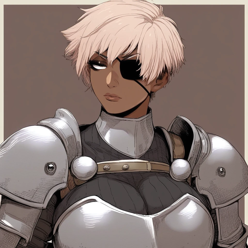 SCORE_9, SCORE_8_UP, SCORE_7_UP, 1girl, solo, mature female, tomboy, dark skin, sexy, armor, ornate, hetero, short hair, light hair, half closed eyes, eyepatch, large breasts, voluptuous