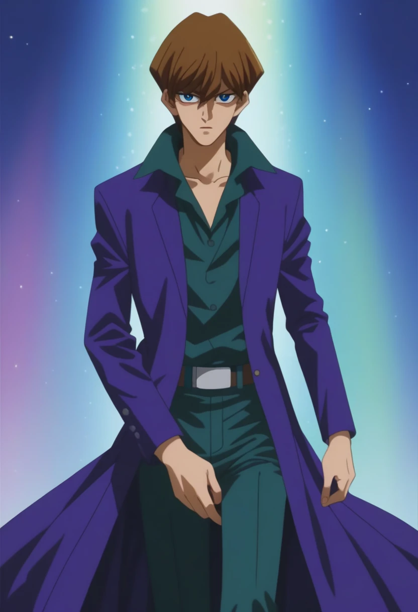 score_9, score_8_up, source_anime, highly detailed, masterpiece, best quality,detailed,intricate details, amazing quality, best aesthetic, absurdres, ,seto kaiba, blue eyes, brown hair, purple trench coat, green collared shirt, green pants, score_7_up<lora:EMS-388485-EMS:1.000000>