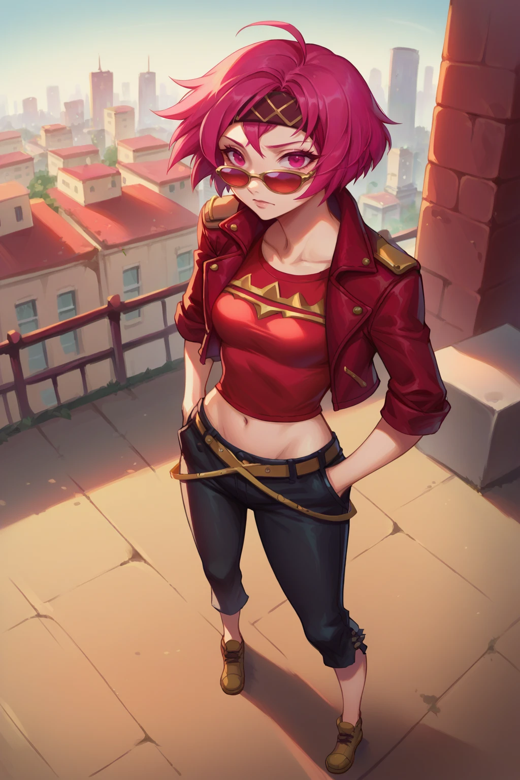 score_9, score_8_up, score_7_up, digital painting, 1girl, solo, <lora:NSNeimiFE8:1> NSNeimiFE8, short hair, pink eyes, headband, red crop-top, leather jacket, leather pants, hands in pockets, sunglasses, city, outdoors, from above, ahoge