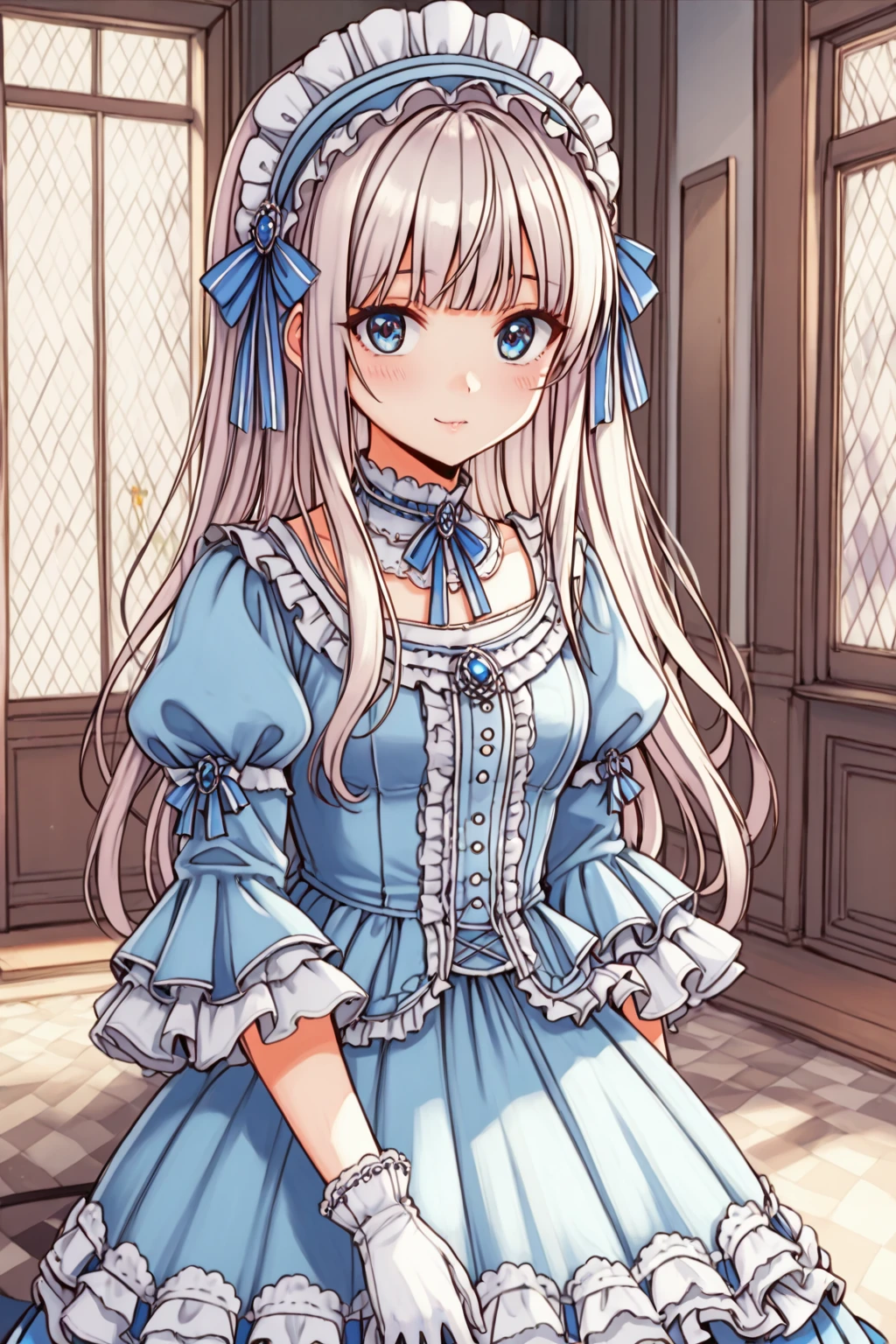 score_9,score_8_up,score_7_up,newest,
kawaii,1girl,solo,long hair,upper body,blue dress,frills,pantyhose,gloves,looking at viewer,jewelry,bangs,ta_fashion,in room,
highly detailed,best quality,absurdres,detailed,HDR,natural light,