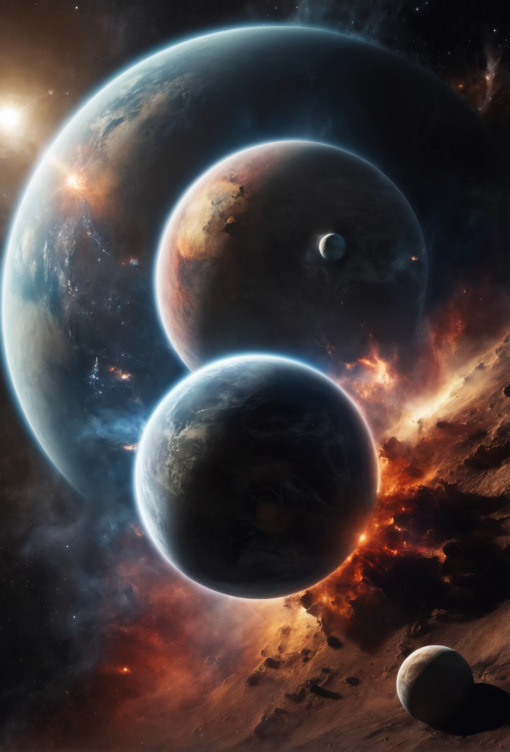 beautiful landscape, outer space wallpaper, two planets colliding, dreamy effect, blurry, motion blur, photographed in the style of Peter Lindberg, planet and nebula