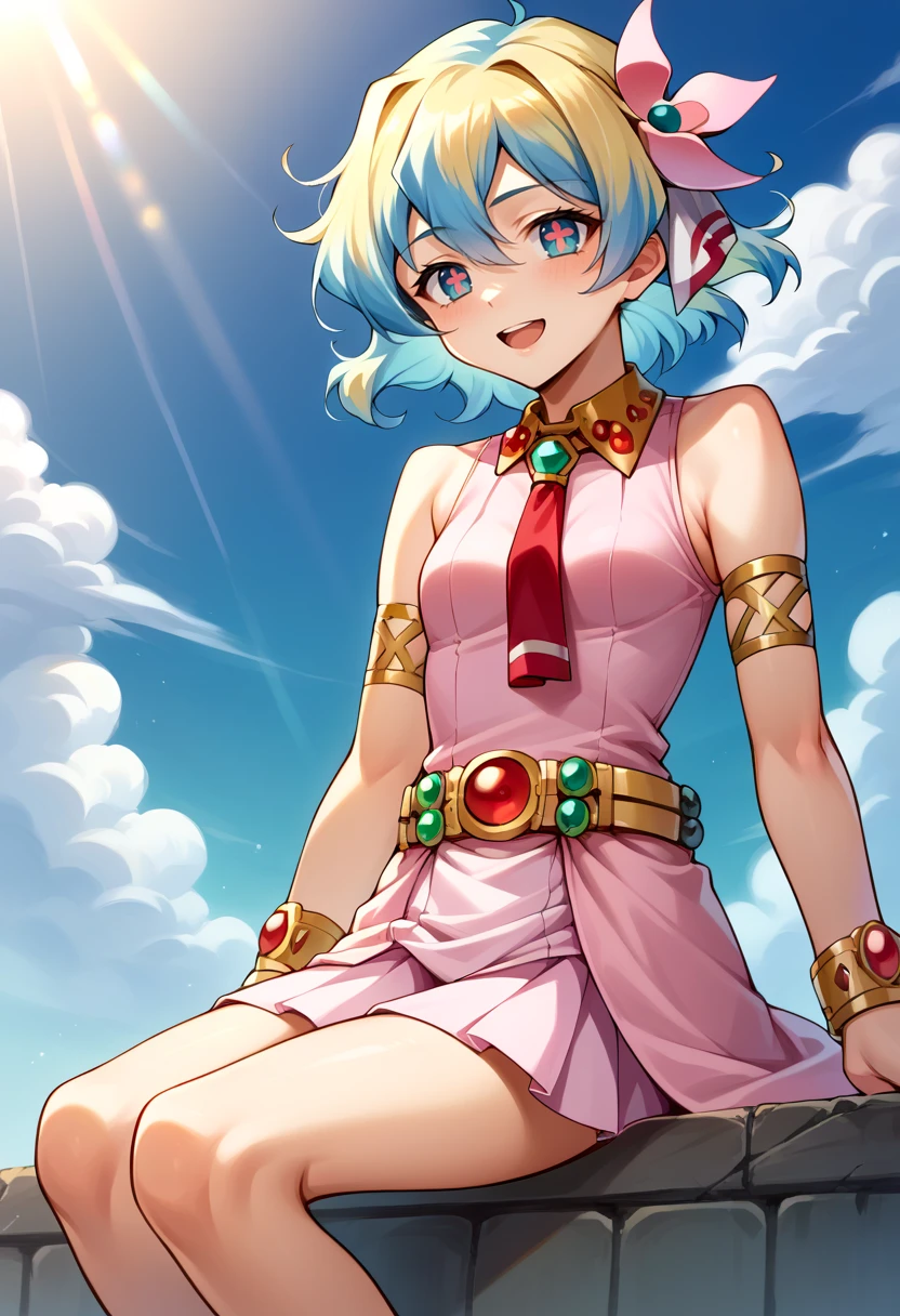 score_9, score_7_up, source_anime, BREAK blue sky, open mouth, :o, smile, facing away, sitting, <lora:NiaS1:1> nias1, 1girl, blue eyes, symbol-shaped pupils, short hair, blonde hair, blue hair, two-tone hair, small breasts,
skirt, hair ornament, Pink dress, jewelry, hair flower, sleeveless dress, red necktie, bracelet, armlet, belt,