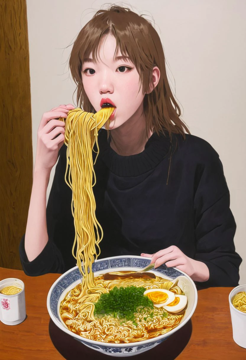 eating ramen, 1girl, solo, rosebud