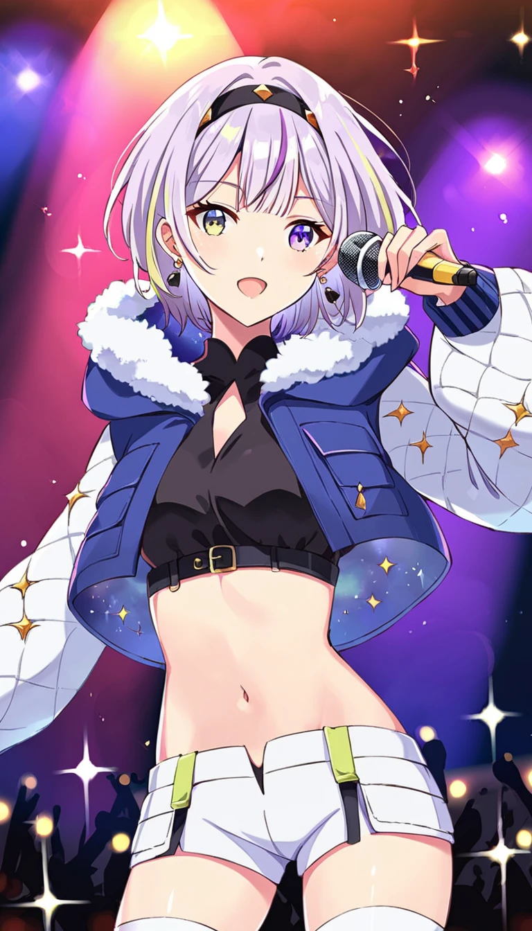 score_9,score_8_up,score_7,masterpiece,best quality,source_anime,medium breasts,1girl,hairband,jacket,fur trim,heterochromia,purple hair,short hair,multicolored hair,crop top,earrings,shirt,streaked hair,bangs,black shirt,jewelry,midriff,navel,black hairband,long sleeves,hood,white shorts,white thighhighs,white sleeves,<lora:Pony_Loné±:0.8>,stage,stage lights,audience,singing, holding microphone, dancing, cowboy shot,