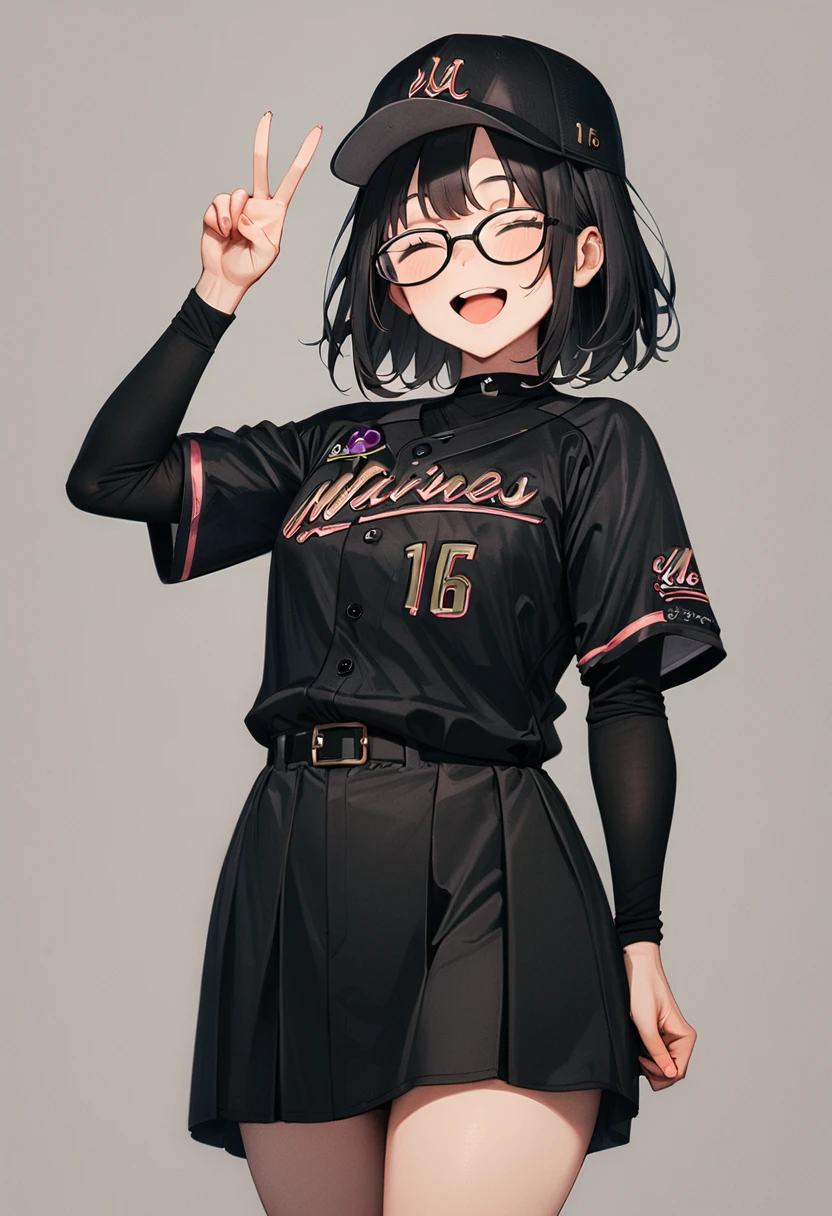 masterpiece, best quality, very aesthetic, absurdres,
1girl, glasses, black hair, medium hair, 
BSW2024_16, baseball uniform, baseball cap, black shirt, skirt, bag, happy, smile, closed eyes, open mouth, v, looking at viewer, simple background, grey background
 <lora:chiba_lotte_marines_BSW2024_SDXL_V1:1>