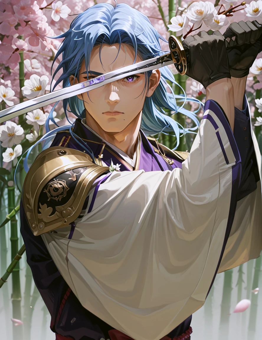 score_9, score_8_up, score_7_up, 
high guard sword parry stance, one-handed, solo,looking at viewer,bangs,blue eyes,simple background,gloves,long sleeves,1boy,hair between eyes,closed mouth,blue hair,purple eyes,jacket,upper body,flower,male focus,muscular,sidelocks,japanese clothes,black gloves,kimono,armor,katana,white flower,tassel,ribbon trim,mole under mouth,half gloves,kamisato ayato
bamboo forest background, cherry blossoms, wind,
 <lora:high_guard_sword_parry_stance:0.8>