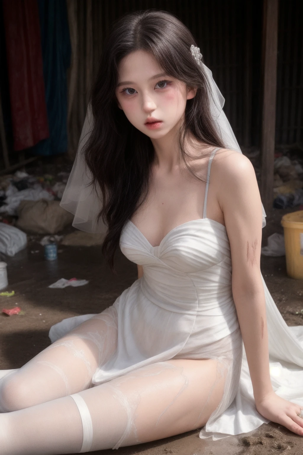 1girl, high quality,  looking at viewer, wedding dress, bridal veil, thighhighs, torn_dress, sitting on ground, arms behind back, legs apart, slums, nippes,between thights,
parted lips, blush ,trash, junkyard, in mud, stain, slums, bruise, 
<lora:ip-adapter-faceid-plusv2_sd15_lora:0.64>  <lora:add_detail:1>   <lora:Lizzynam_v1:0.53>