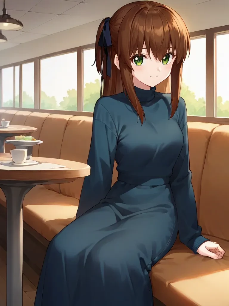 score_9, score_8_up, score_7_up, source_anime, 2d, anime_screenshot <lora:Mirai_Maisaka_-_Ririn_Saber:0.8>,
1girl, solo, brown hair, long hair, green eyes, hair ribbon, blue sweater, long sleeves, long skirt, sitting, indoors, cafeteria, looking at viewer, smile