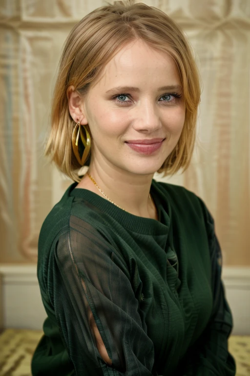 a Realistic portrait of a joanna kulig woman, looking at the viewer, detailed face, detailed eyes, (smiling showing teeth:1.1), modelshoot style, hand on own shoulder, wearing a green sweater with long sleeves, wearing gold earrings and jewelry, soft lighting, professional Photography, Photorealistic, detailed, standing in a dark Studio Room background, blurred background, RAW, analog, sharp focus, 8k, HD, DSLR, high quality, Fujifilm XT3, film grain, award winning, masterpiece
 <lora:joanna kulig v1.0:1>