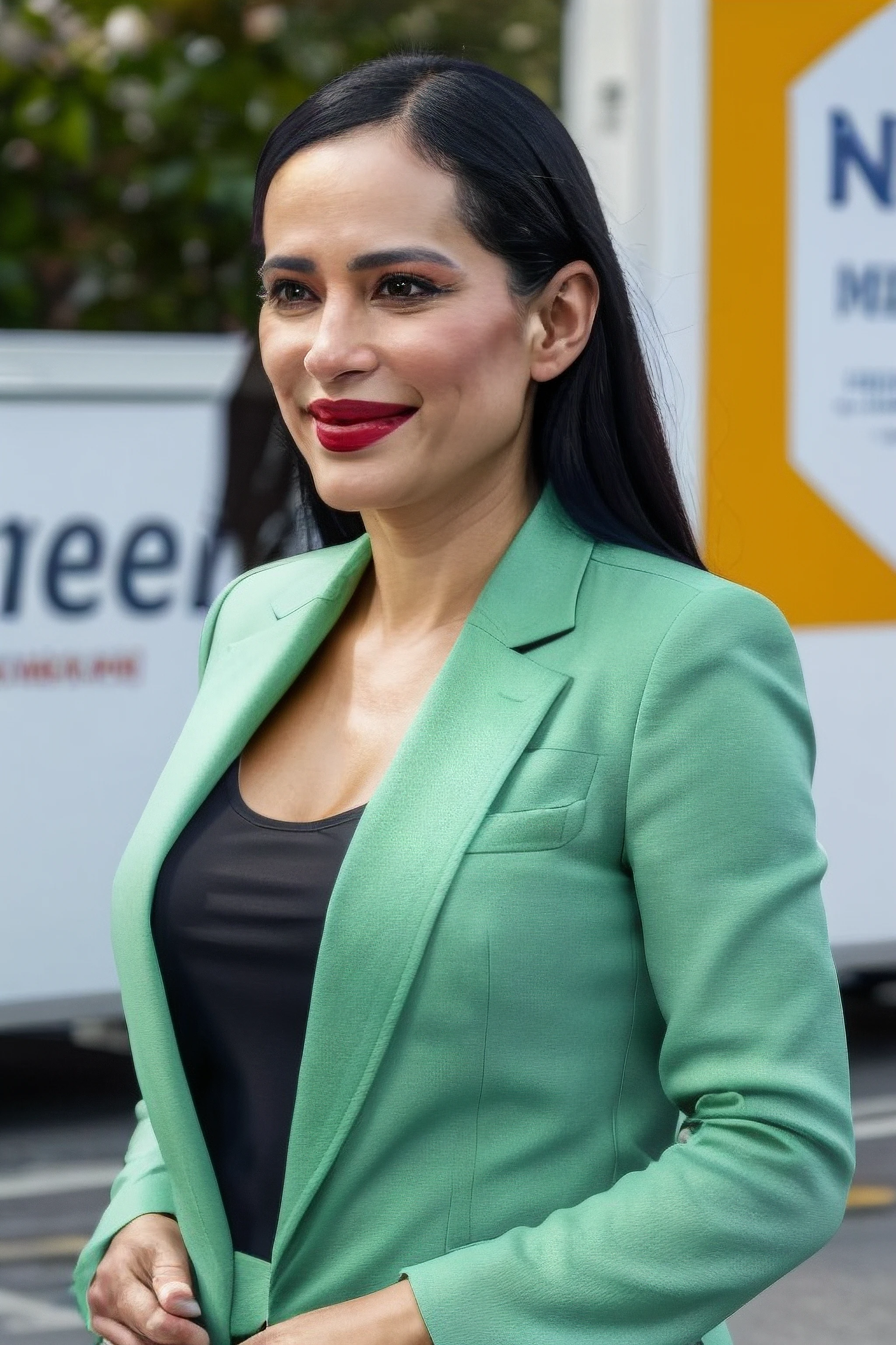 8k, absurdres, masterpiece, best quality, <lora:sandracuevas-10:0.7> sandracuevas, a woman in a green jacket, looking at viewer, smile,