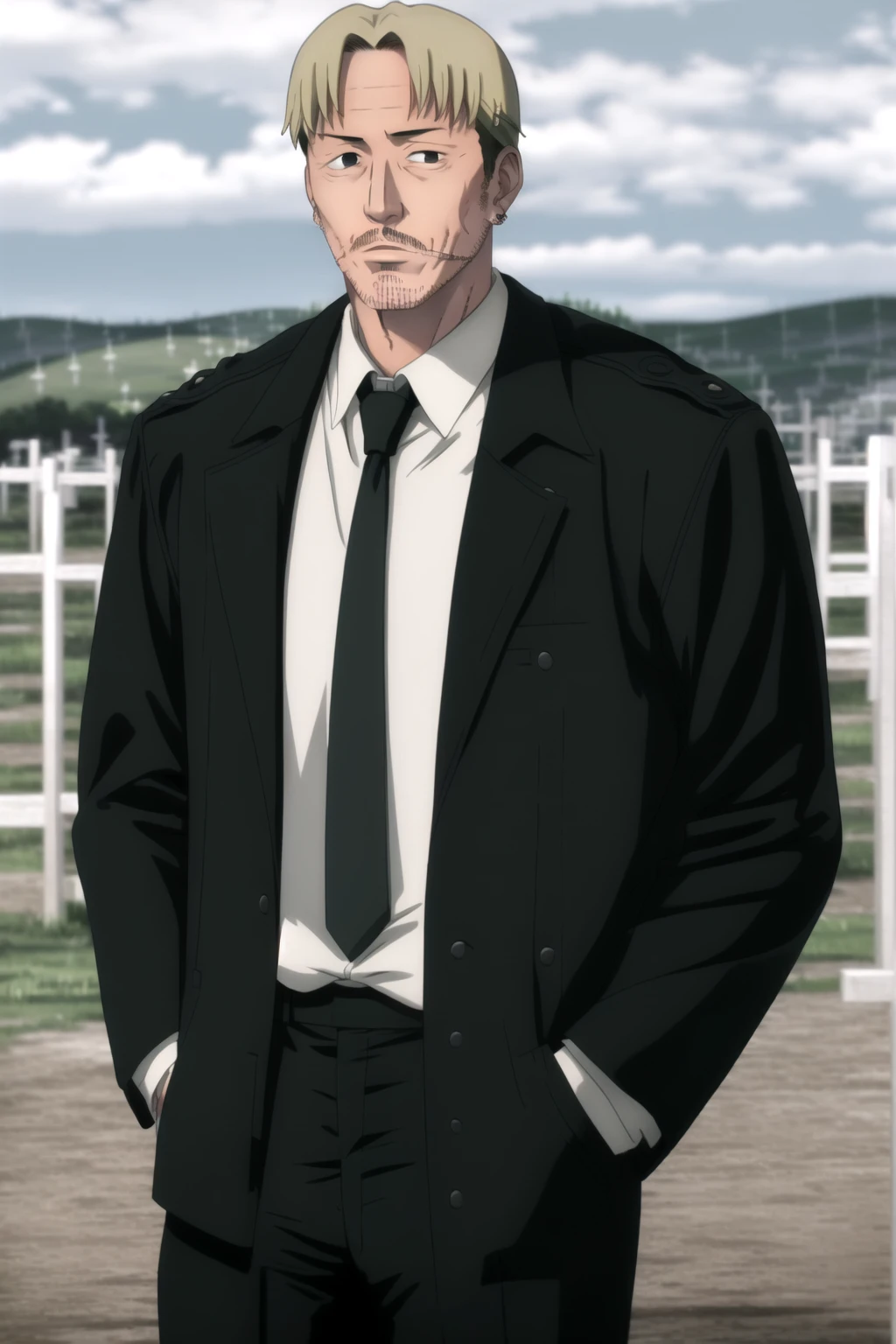 kishibe, 1boy, serious, stand, hands in pocket, looking at viewer, jacket, white shirt, collared shirt, black necktie, black pants, formal, outdoors