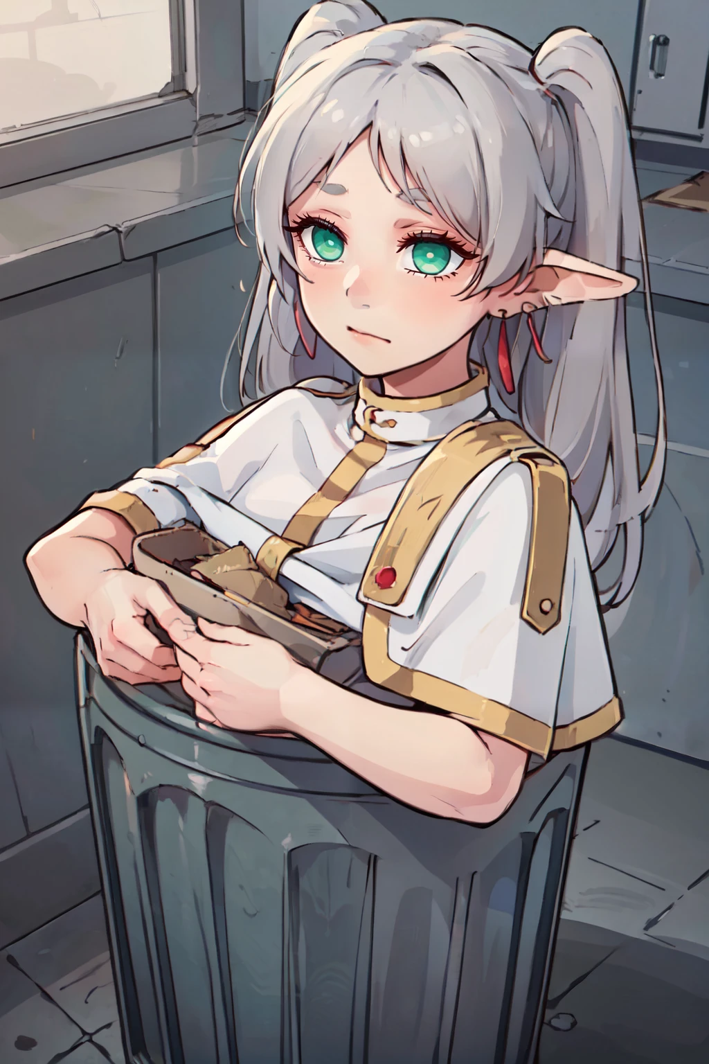 ((masterpiece,best quality)), anime style, <lora:Trash_Waifu:0.8>, Trash Waifu, 1girl, aafrie, long hair, white hair, twintails, pointy ears, earrings, green eyes, thick eyebrows, white capelet, striped shirt, <lora:frieren_v1:0.7>, (red text, the word trash:1),