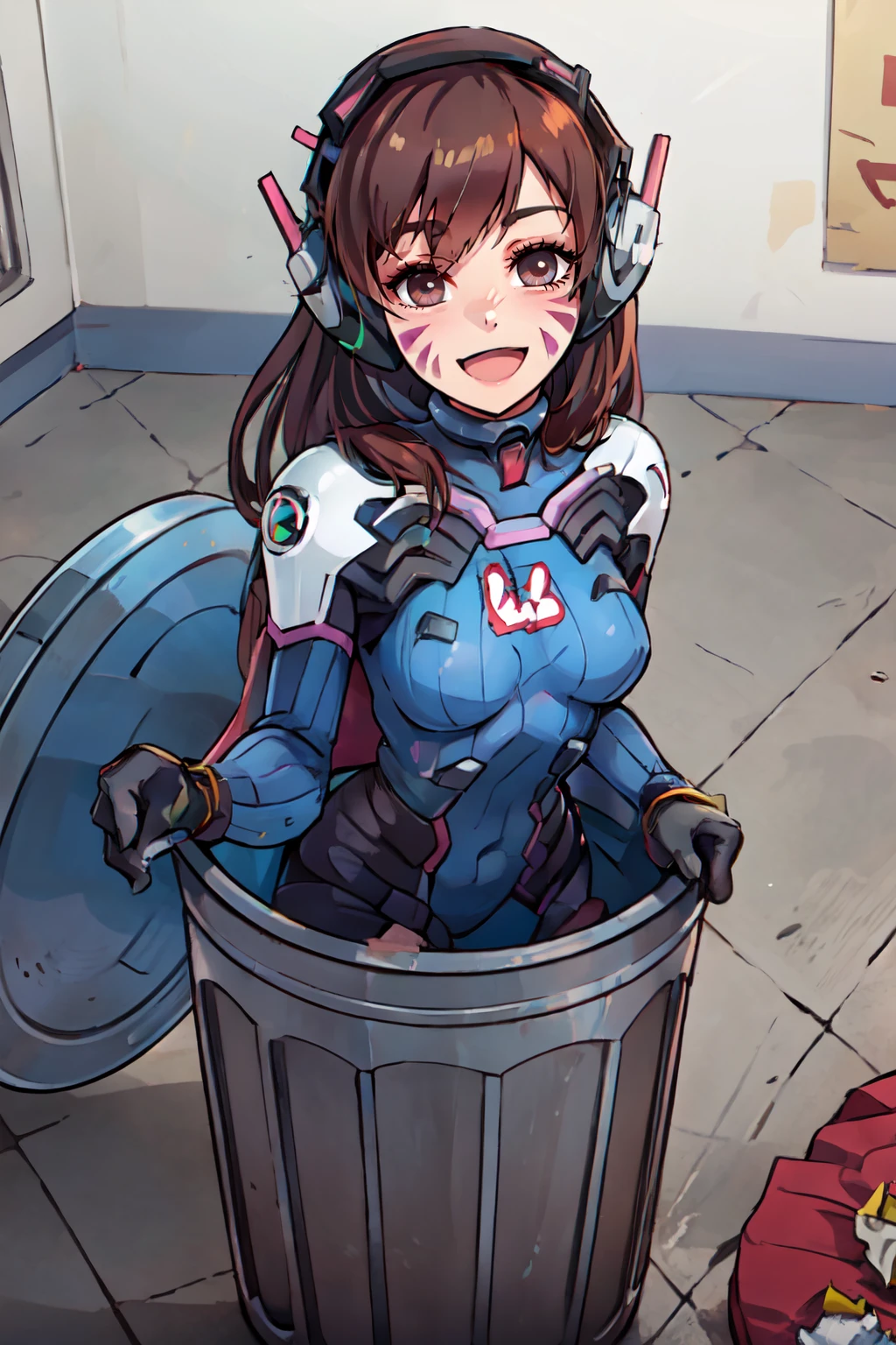 ((masterpiece,best quality)), anime style, <lora:Trash_Waifu:0.8>, Trash Waifu, 1girl, aahana, long hair, brown hair, headphones, whisker markings, shoulder pads, blue bodysuit, ribbed bodysuit, animal print, clothes writing, long sleeves, white gloves, <lora:d.va_v1:0.8> (red text, the word trash:1),